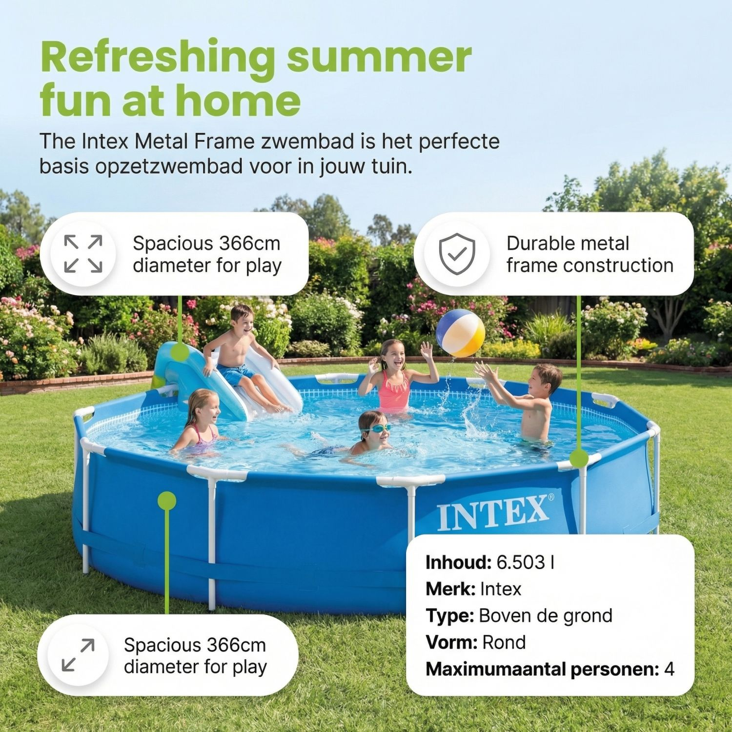 Kinderen spelen in een ronde Intex metalen frame zwembad in de tuin.