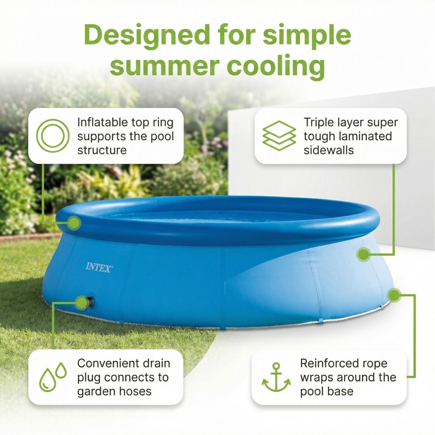 Blauw Intex zwembad met kenmerken: opblaasbare ring, 3-laags wanden, afvoerplug, touw aan de basis.