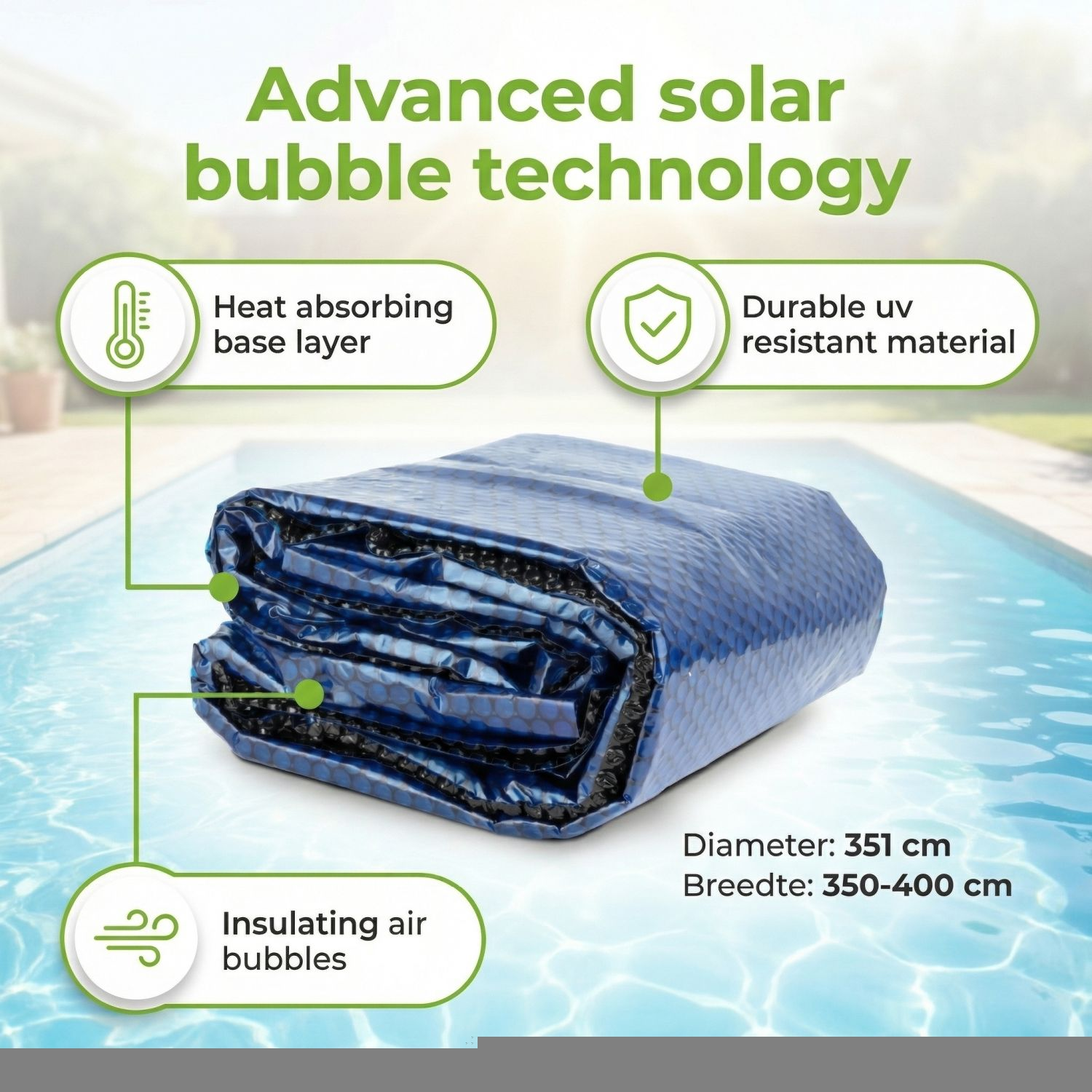 Opgerolde blauwe solar zwembadafdekking met labels die warmteabsorptie, UV-bestendigheid en luchtbellen benadrukken.