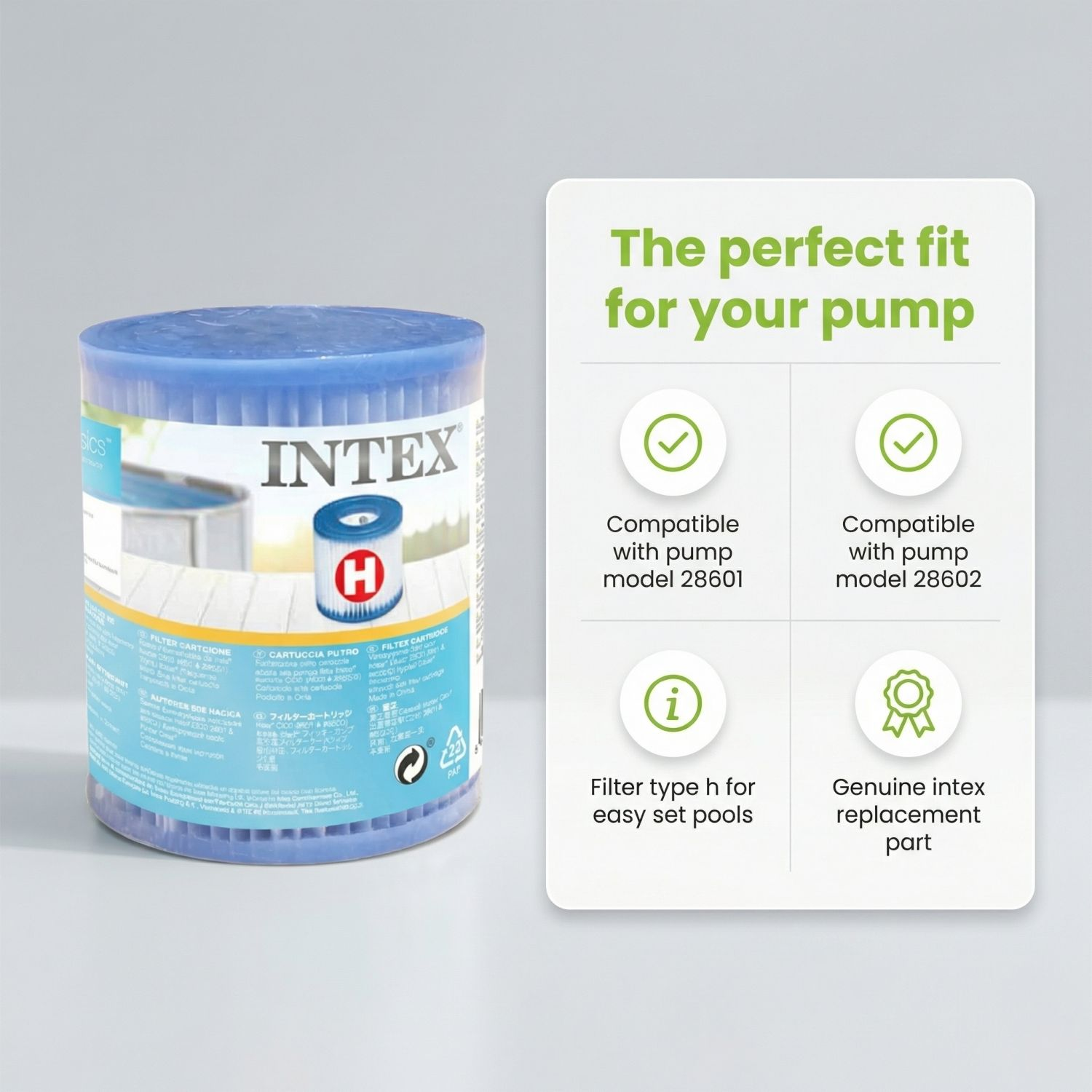 Een Intex type H filter voor easy set zwembaden, compatibel met pompen 28601/28602.