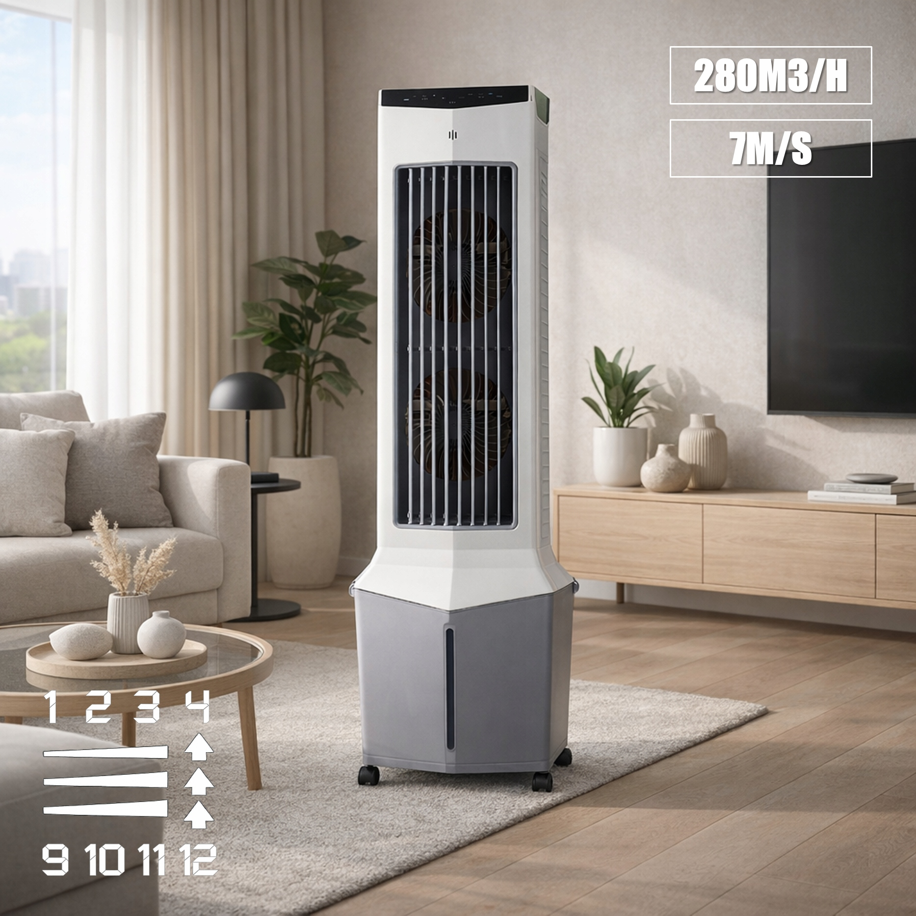 Biały klimatyzer z szarą podstawą stoi w salonie obok sofy.
