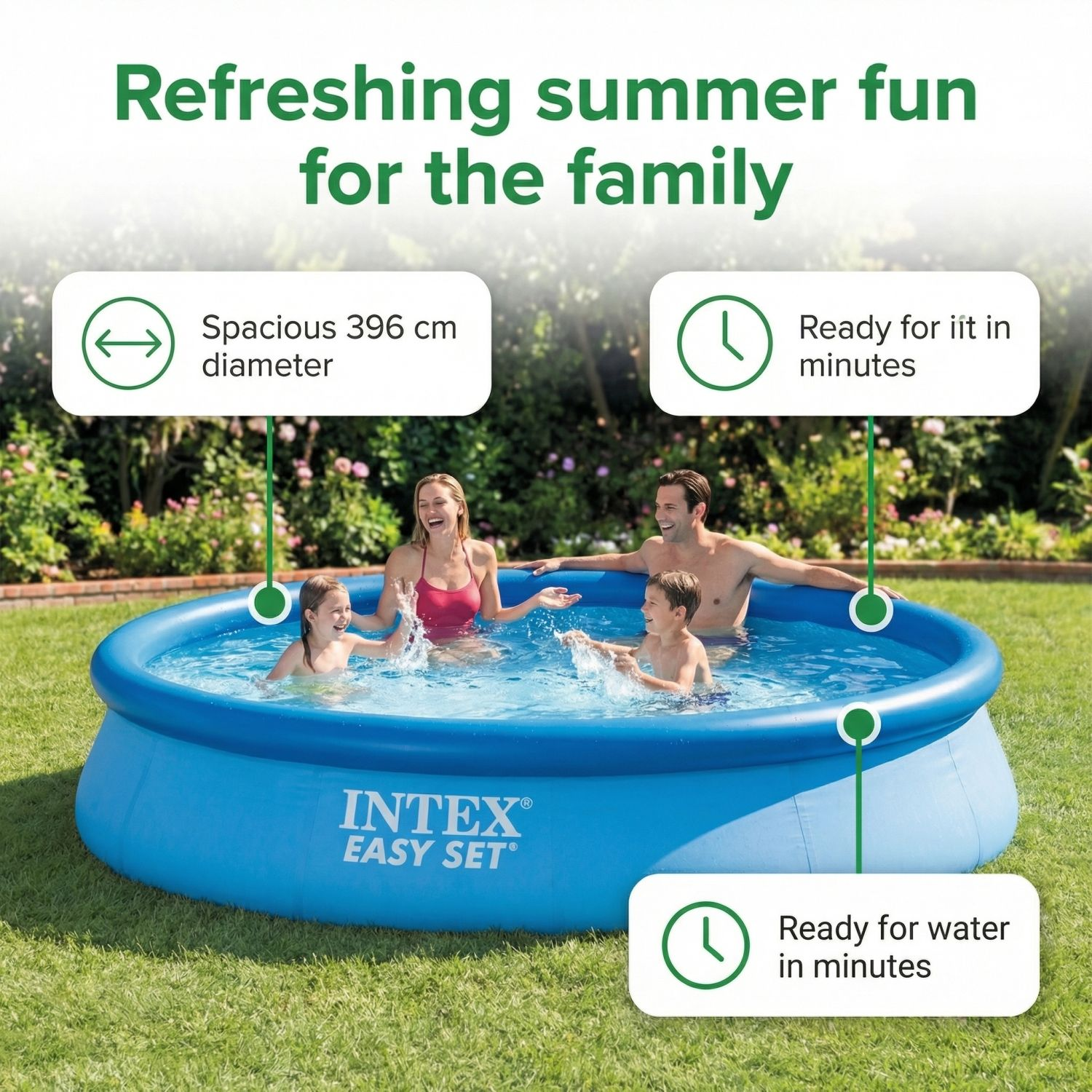 Familie spettert in blauw Intex zwembad op gras. 396 cm diameter.