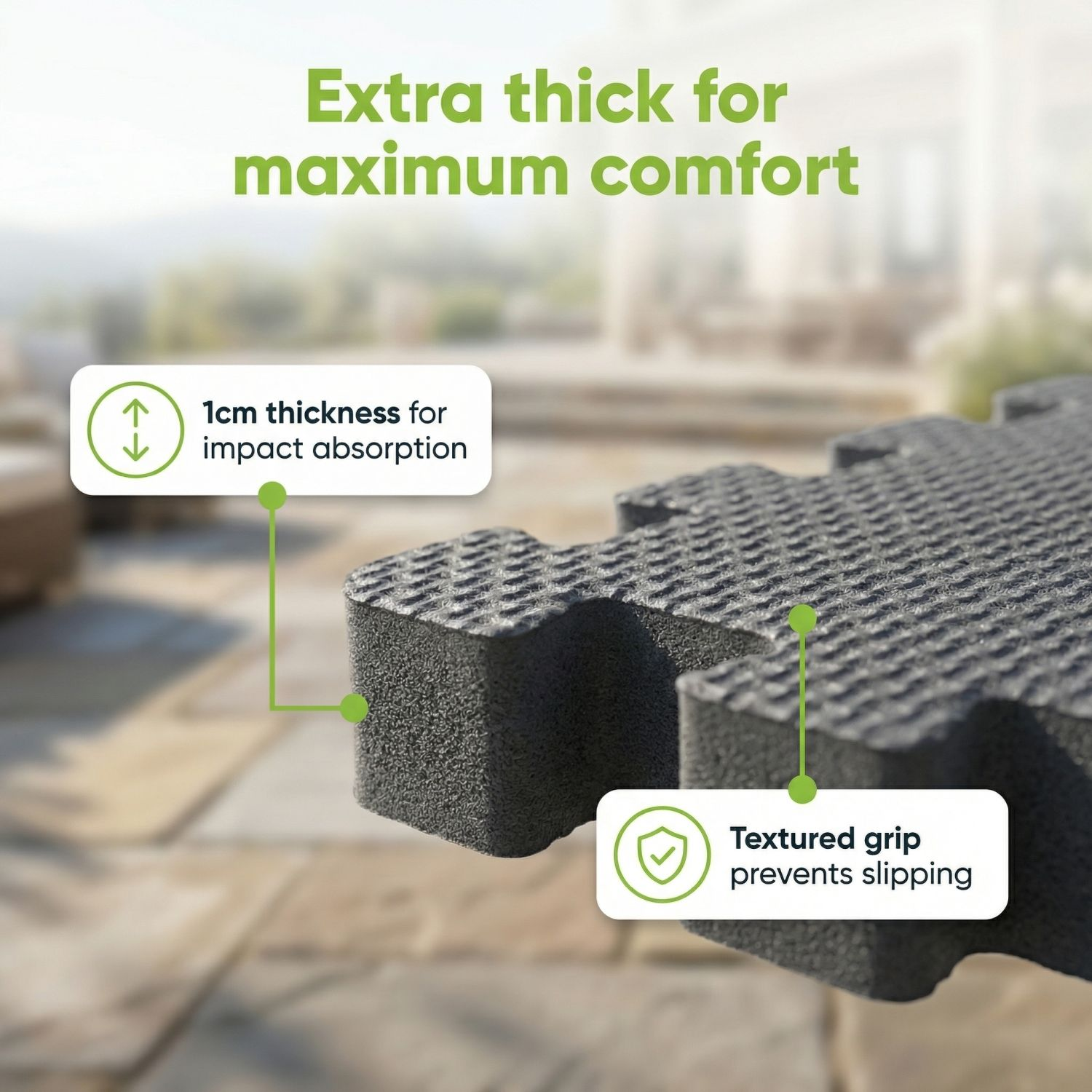 Extra dik grijze schuimmat met textuur grip, 1cm dik voor comfort.