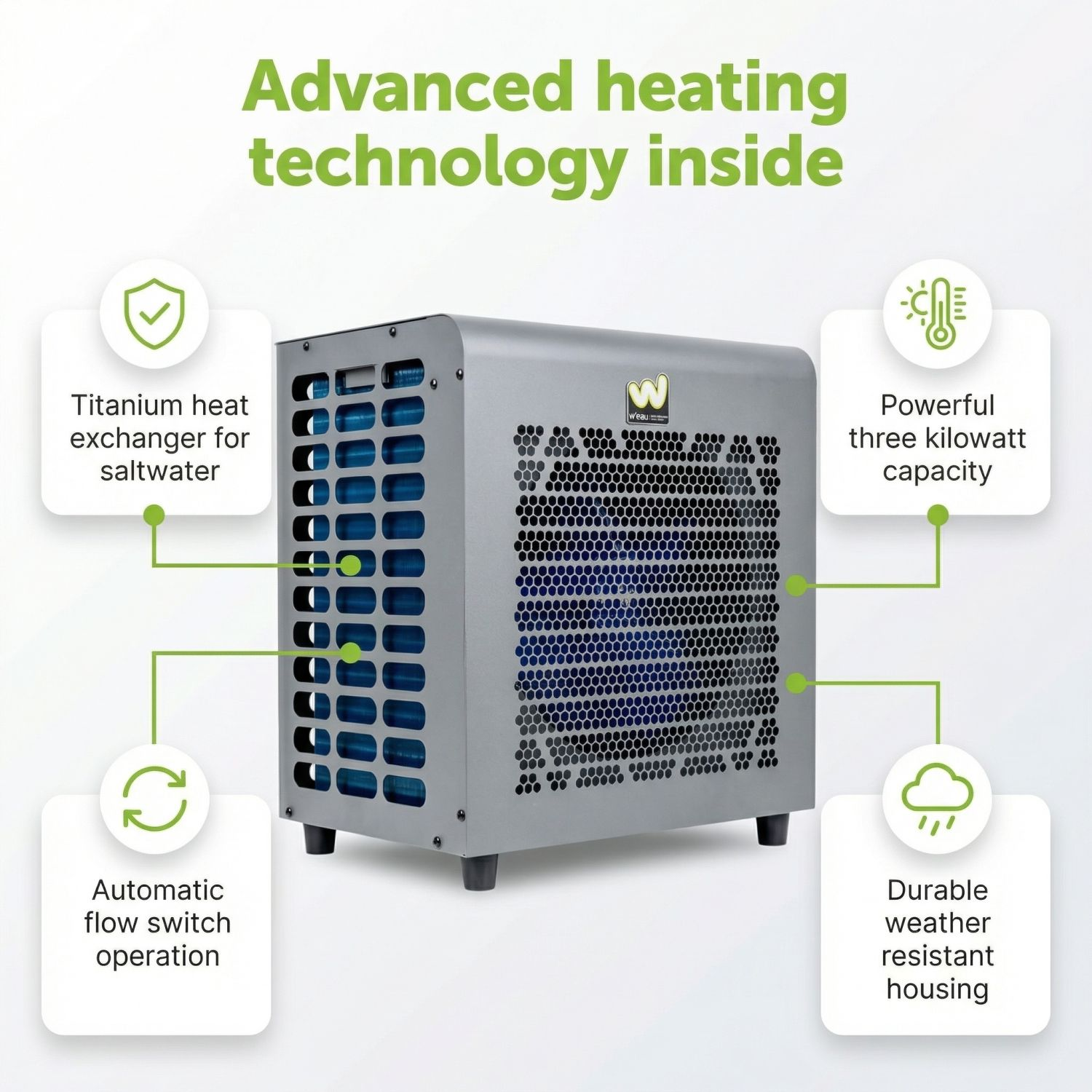 A silver heater with blue fins, labeled with features.