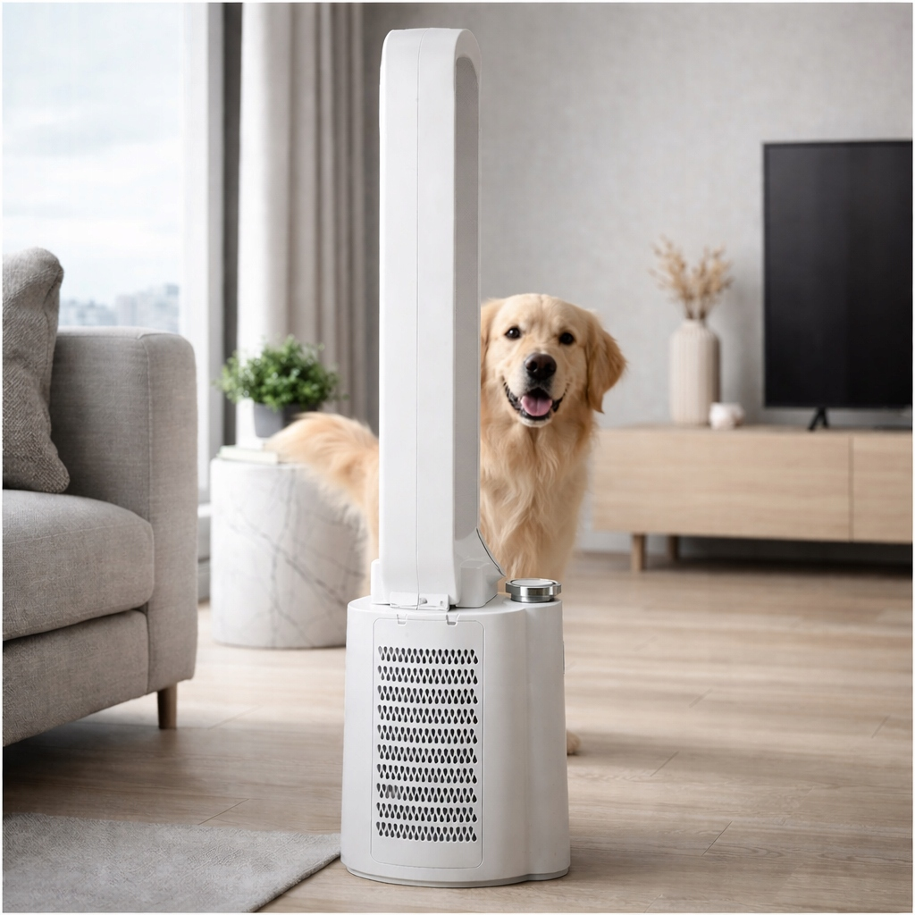 Golden Retriever zagląda zza białego wentylatora wieżowego w salonie.