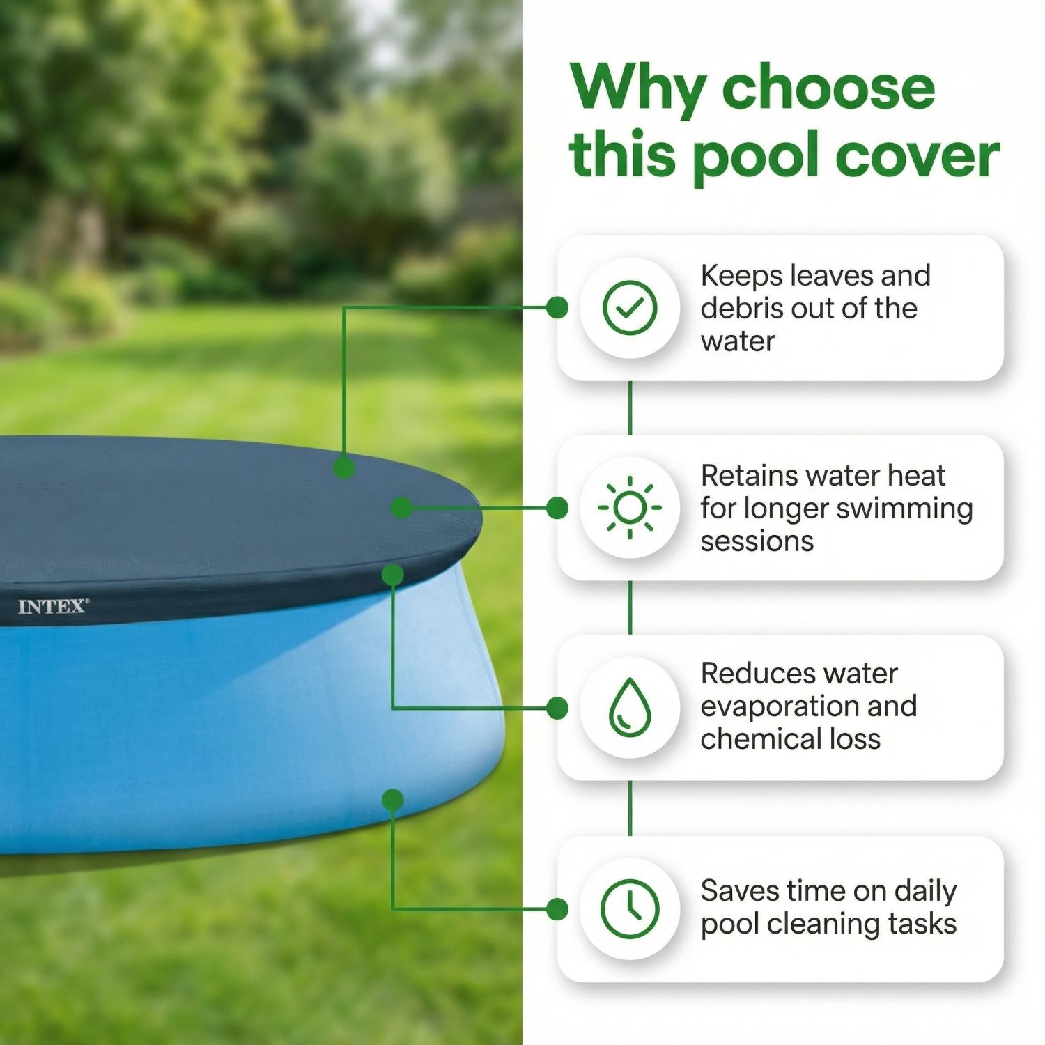 Intex zwembadafdekking houdt vuil buiten, behoudt warmte, vermindert verdamping, bespaart schoonmaaktijd.