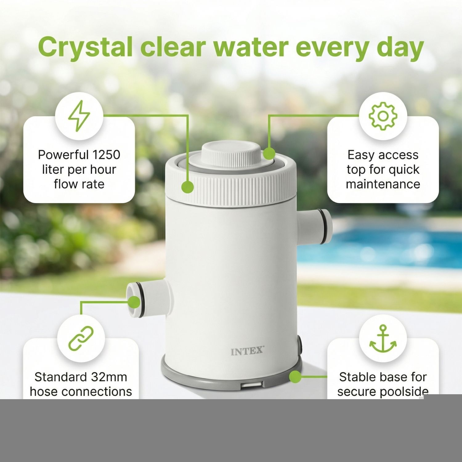 INTEX zwembadfilter: 1250L/u, makkelijke toegang, 32mm aansluitingen, stabiele basis.