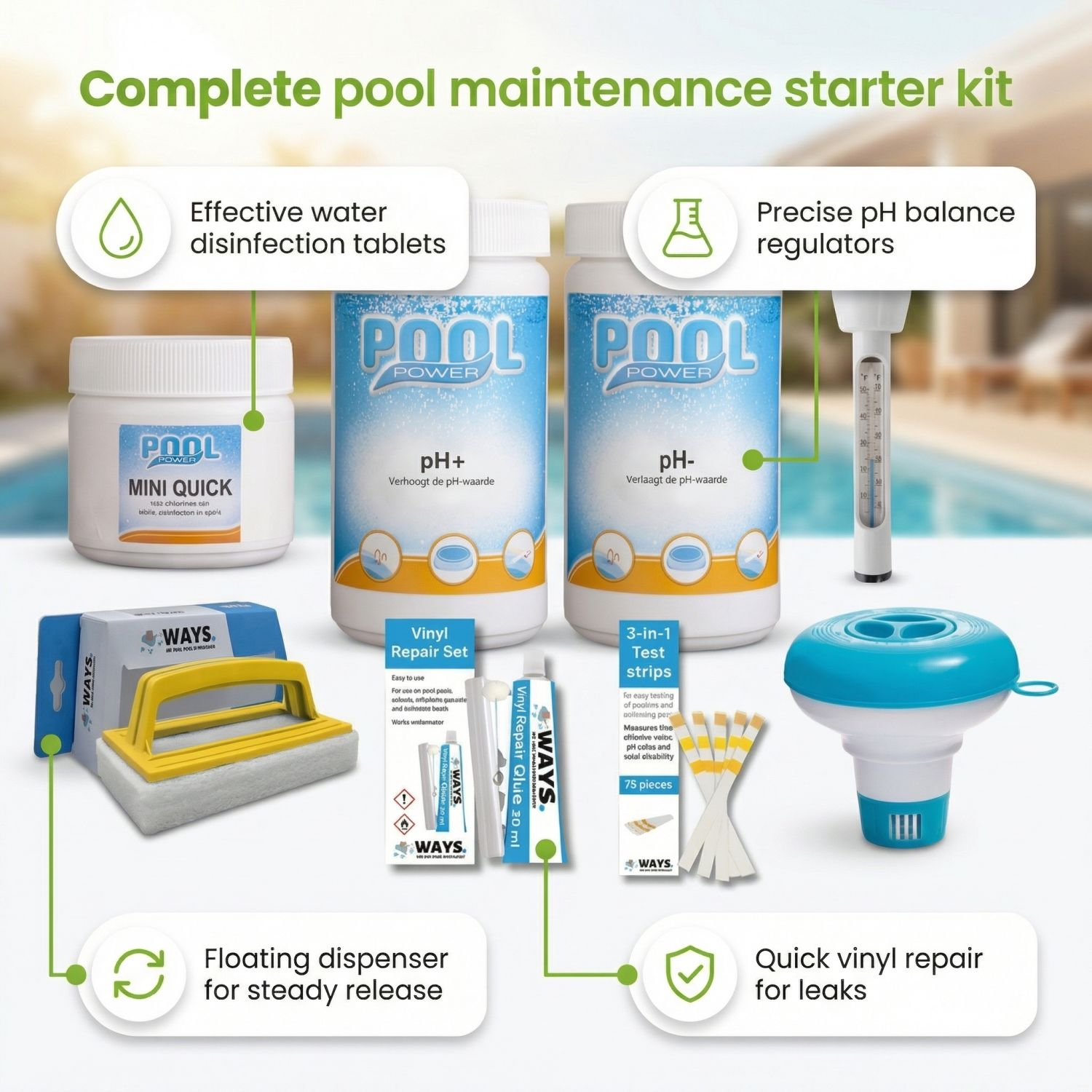 Startkit voor zwembadonderhoud met desinfectietabletten, pH-regulatoren, vinylreparatieset, teststrips en dispenser.