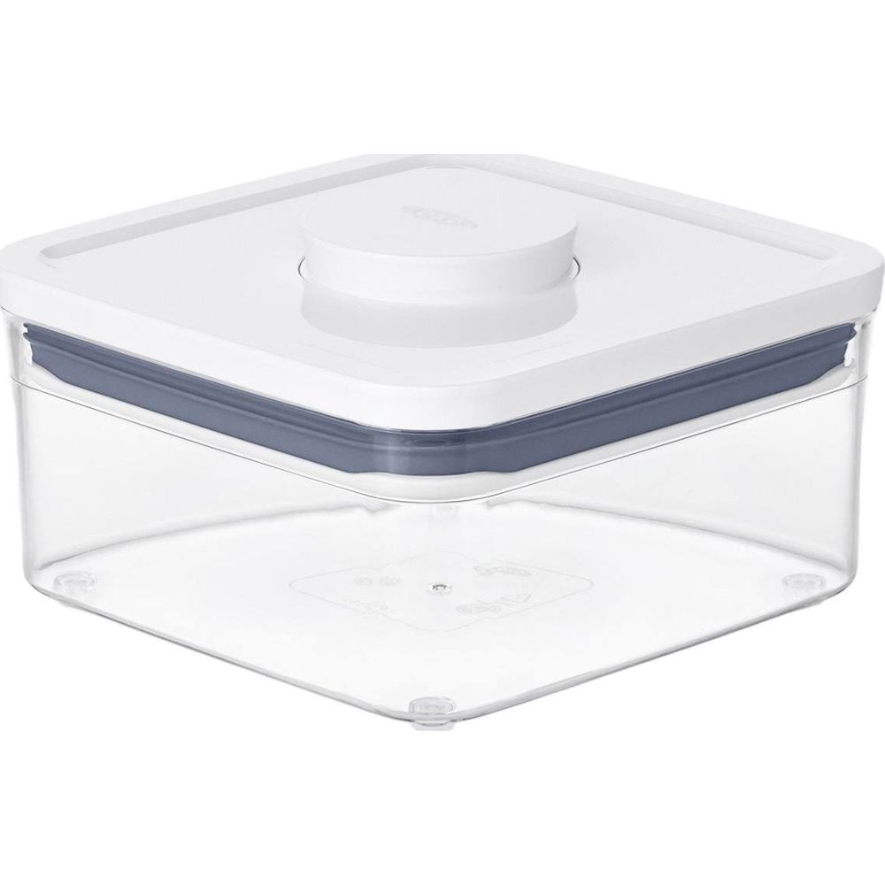 Contenitore quadrato trasparente con coperchio bianco e guarnizione blu.