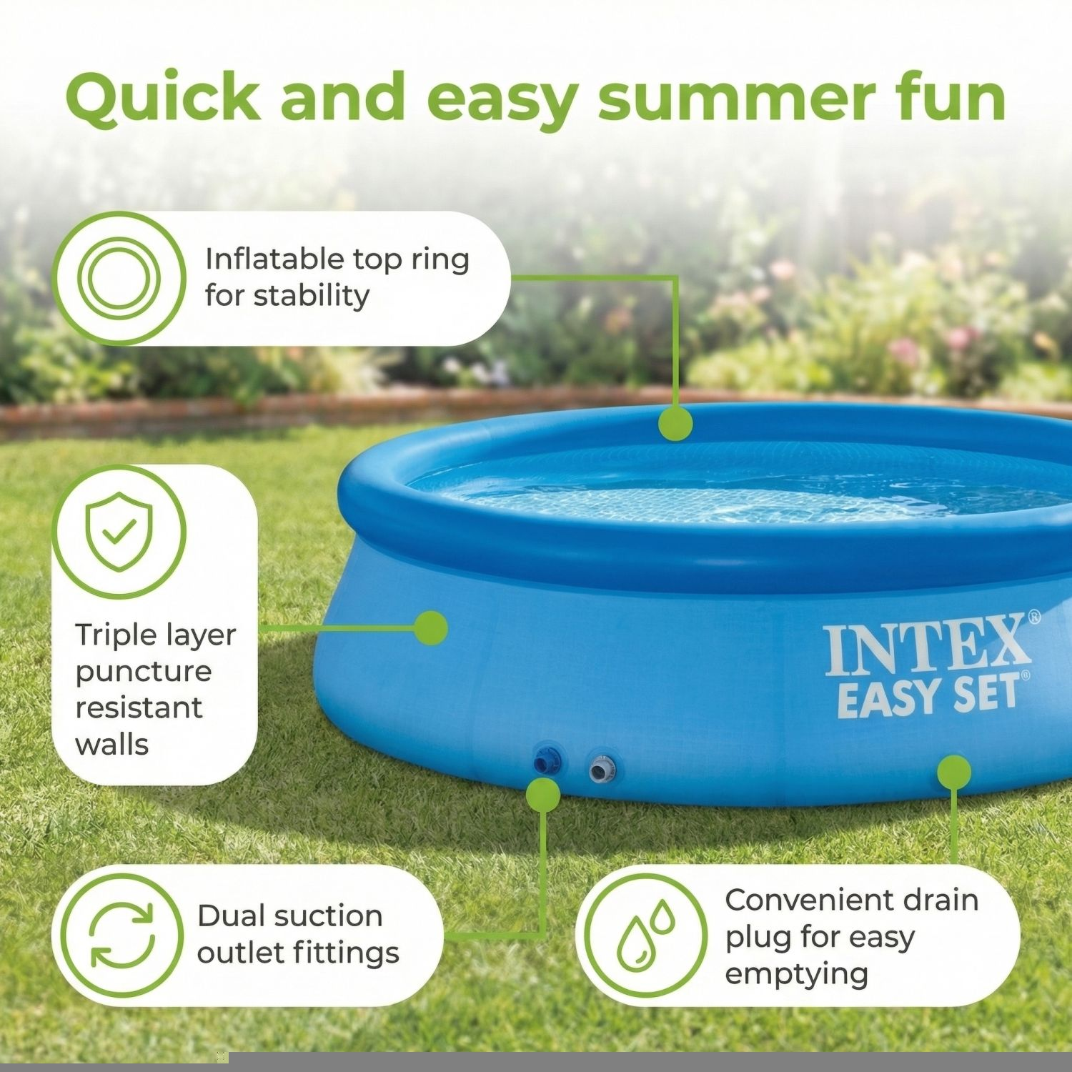 Blauw Intex Easy Set zwembad op gras. Kenmerken: opblaasbare bovenring, drielaagse wanden, dubbele zuigkracht, aftapplug.