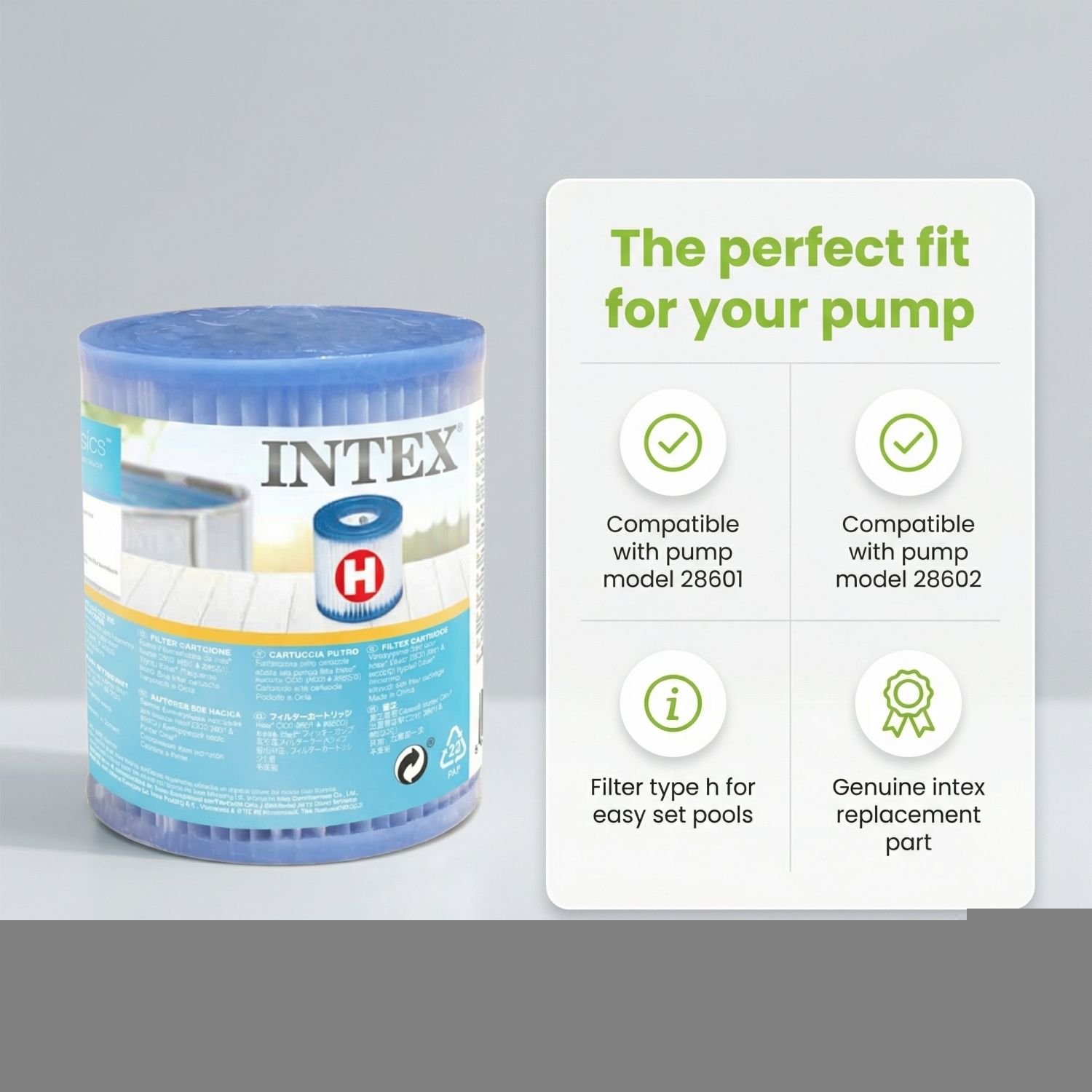Een Intex zwembadfilter met blauwe rand en label, compatibel met pompmodellen 28601/28602.