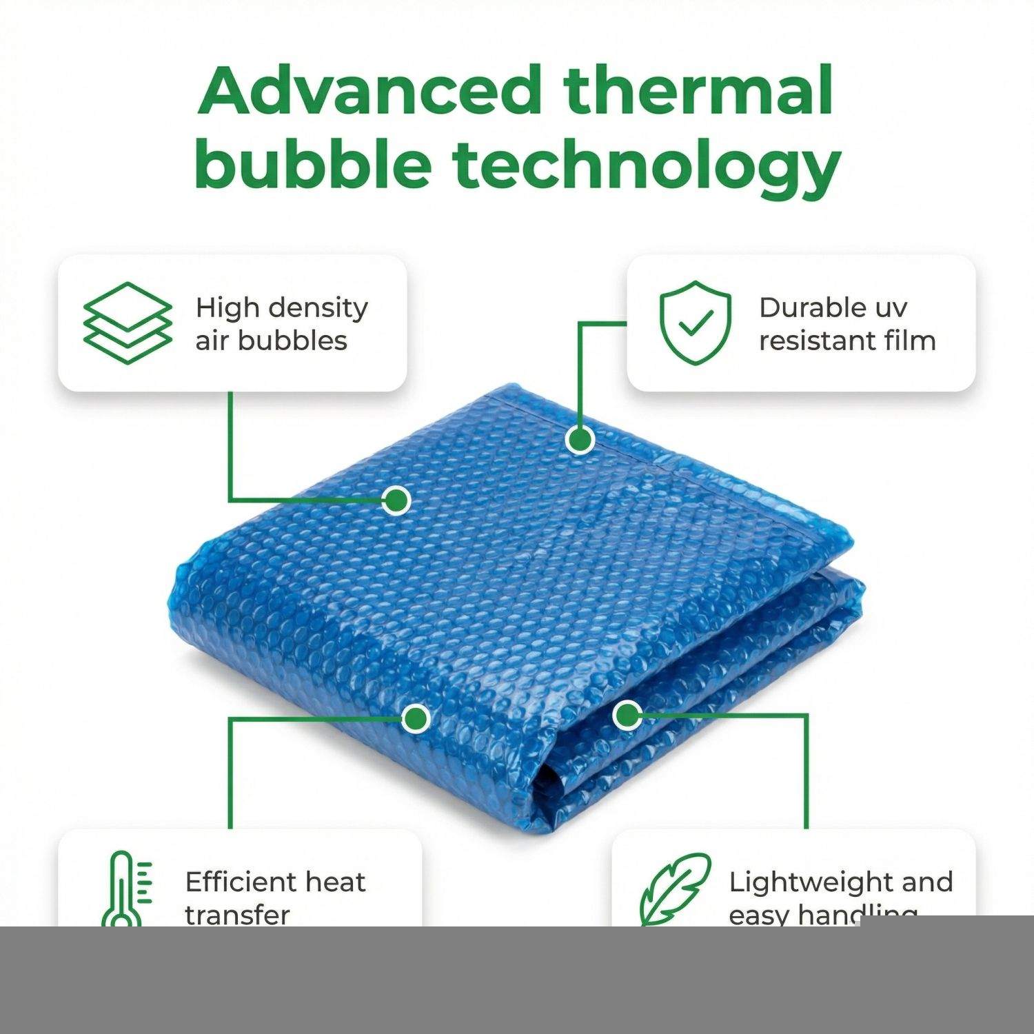 Blauwe zwembadafdekking rol met tekstvakken: Hoge dichtheid, UV-bestendig, warmteoverdracht, lichtgewicht.