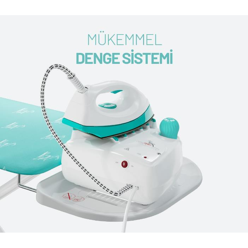 Beyaz ve turkuaz ütü, tabanı ve bir ütü masası parçasıyla.