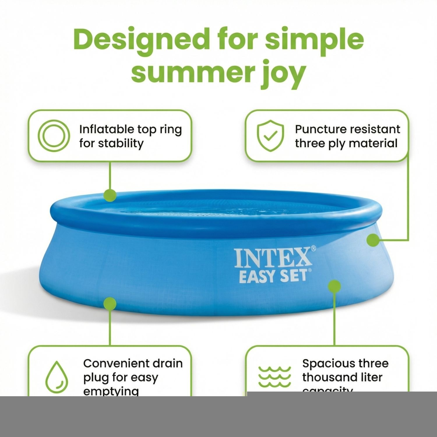 Een Intex Easy Set opblaasbare zwembad met uitgelichte kenmerken.