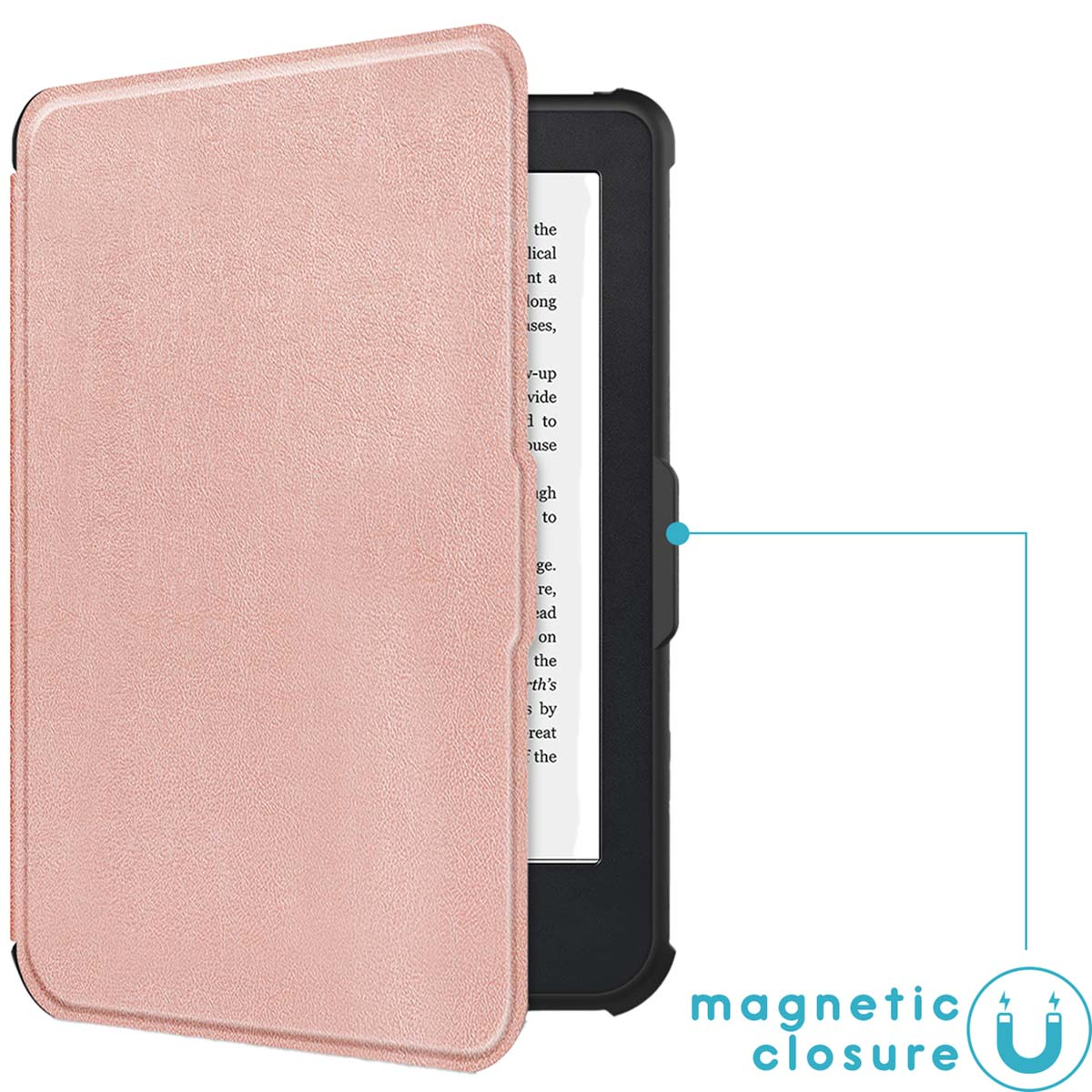 Een roségouden e-reader hoes is open, met tekst op het scherm. Magnetische sluiting.