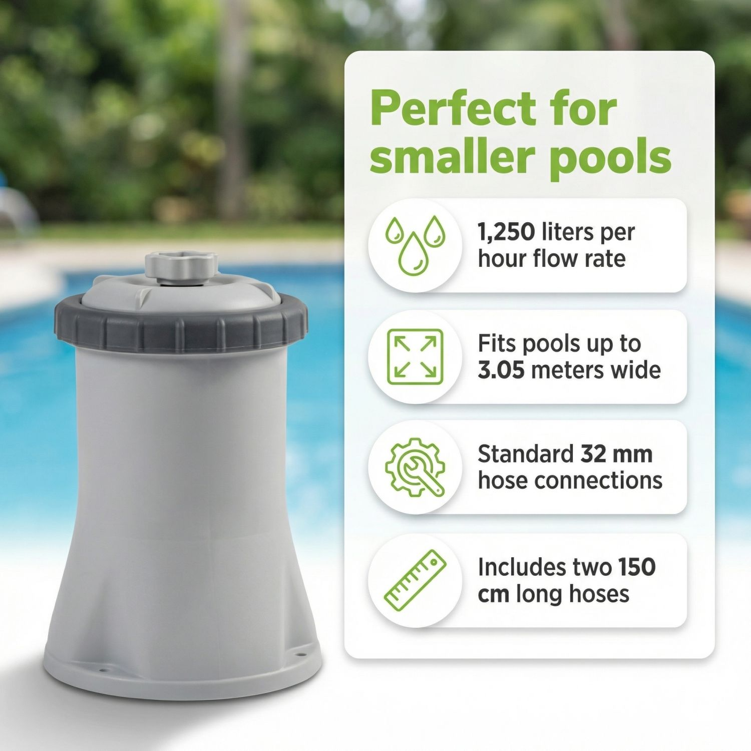 Grijze zwembadfilter met 1250 L/u doorstroming, voor zwembaden tot 3,05m.