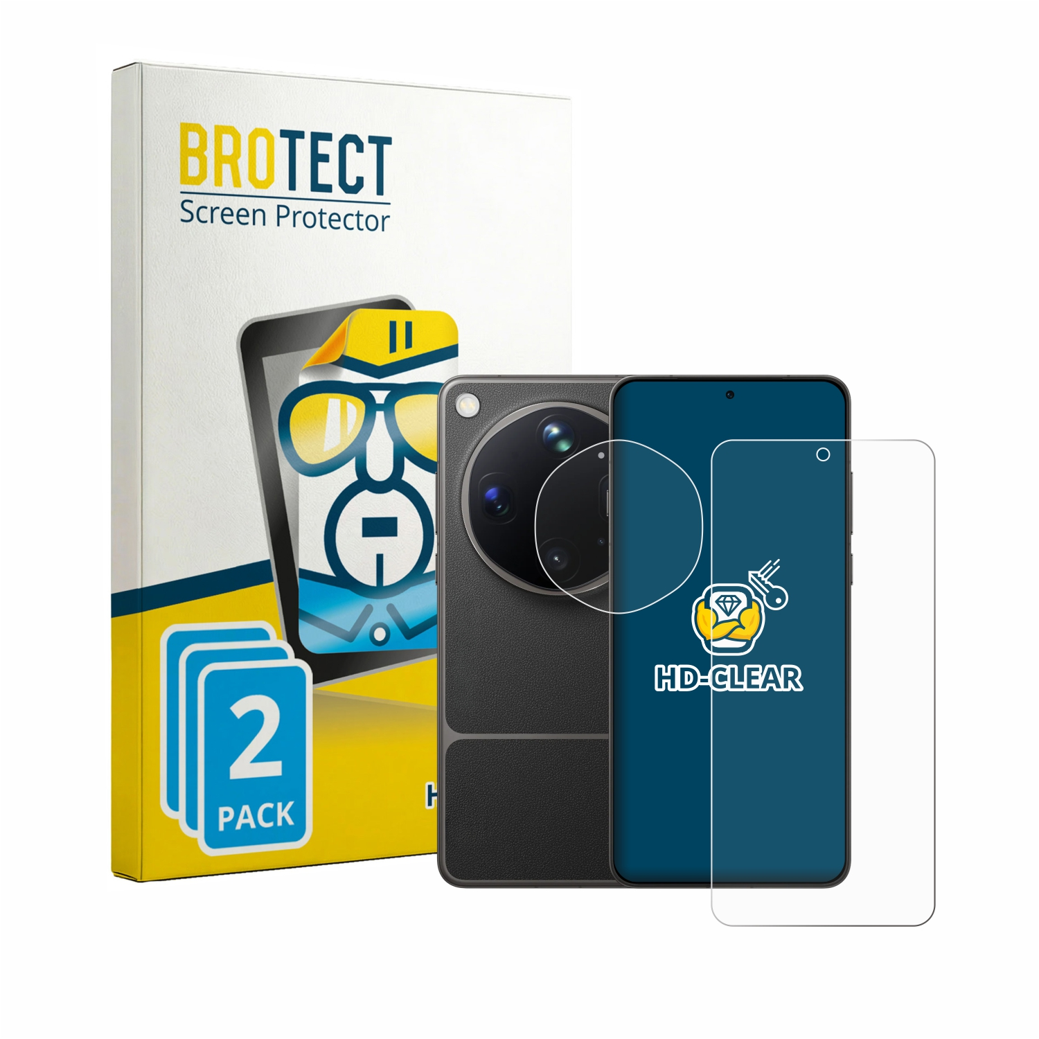 Verpackung für BROTECT Displayschutzfolie mit Smartphone und Schutzfolie.