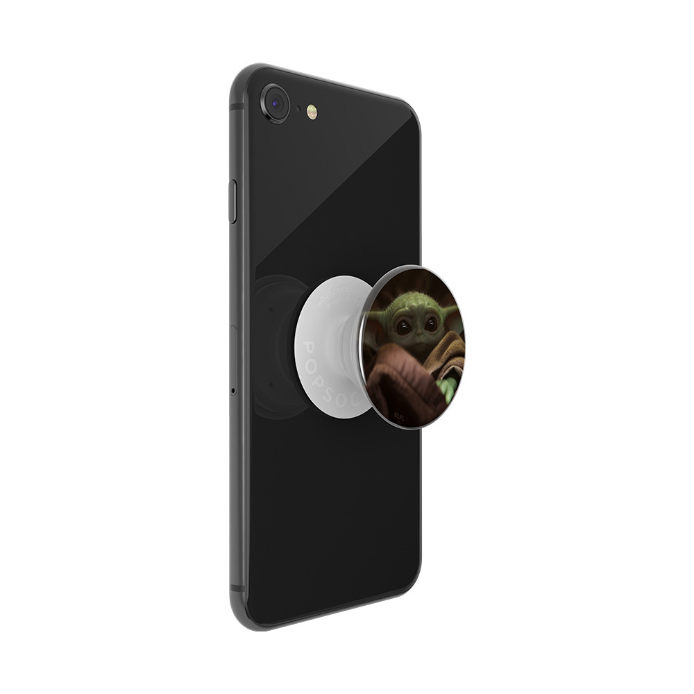 Ein Baby Yoda PopSocket auf der Rückseite eines schwarzen Smartphones.
