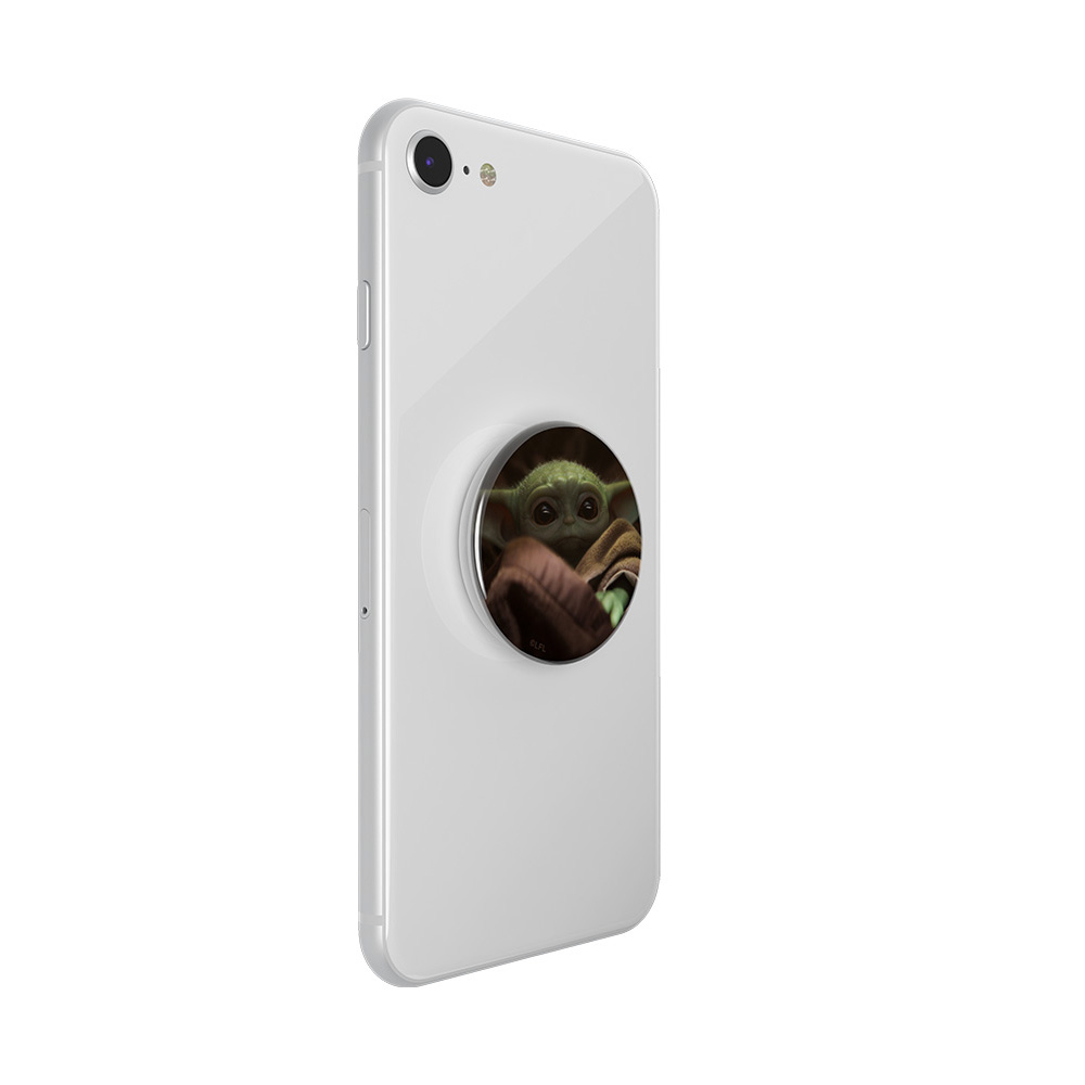 Ein weißes Smartphone mit einem Baby-Yoda-Pop-Socket auf der Rückseite.
