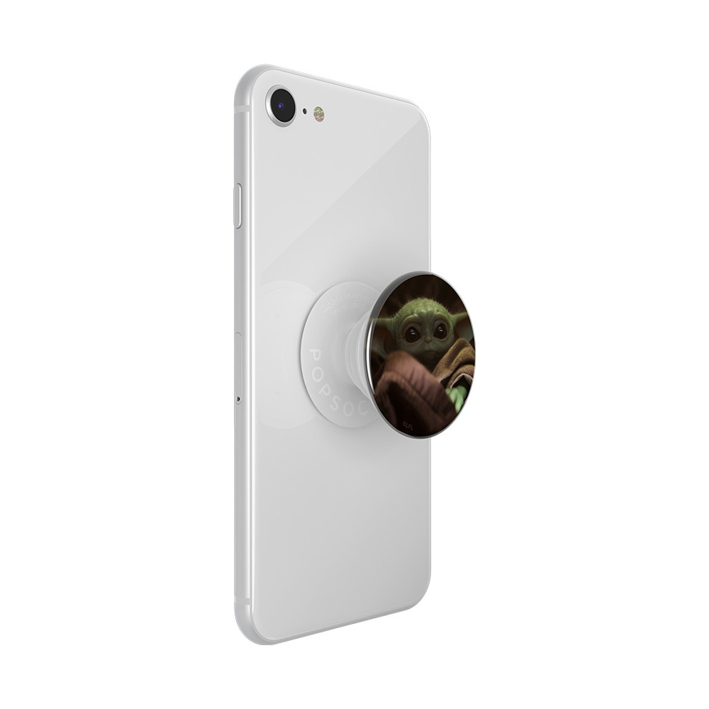 Ein weißes Smartphone mit einem PopSocket, das Baby Yoda zeigt.