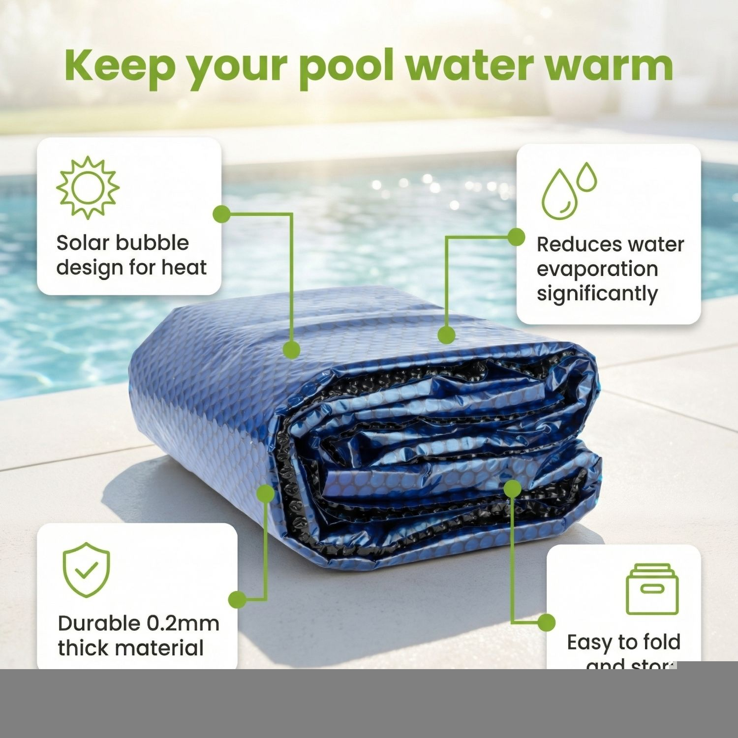 Blauwe solar zwembadafdekking met bubbels voor warmte, vermindert verdamping.