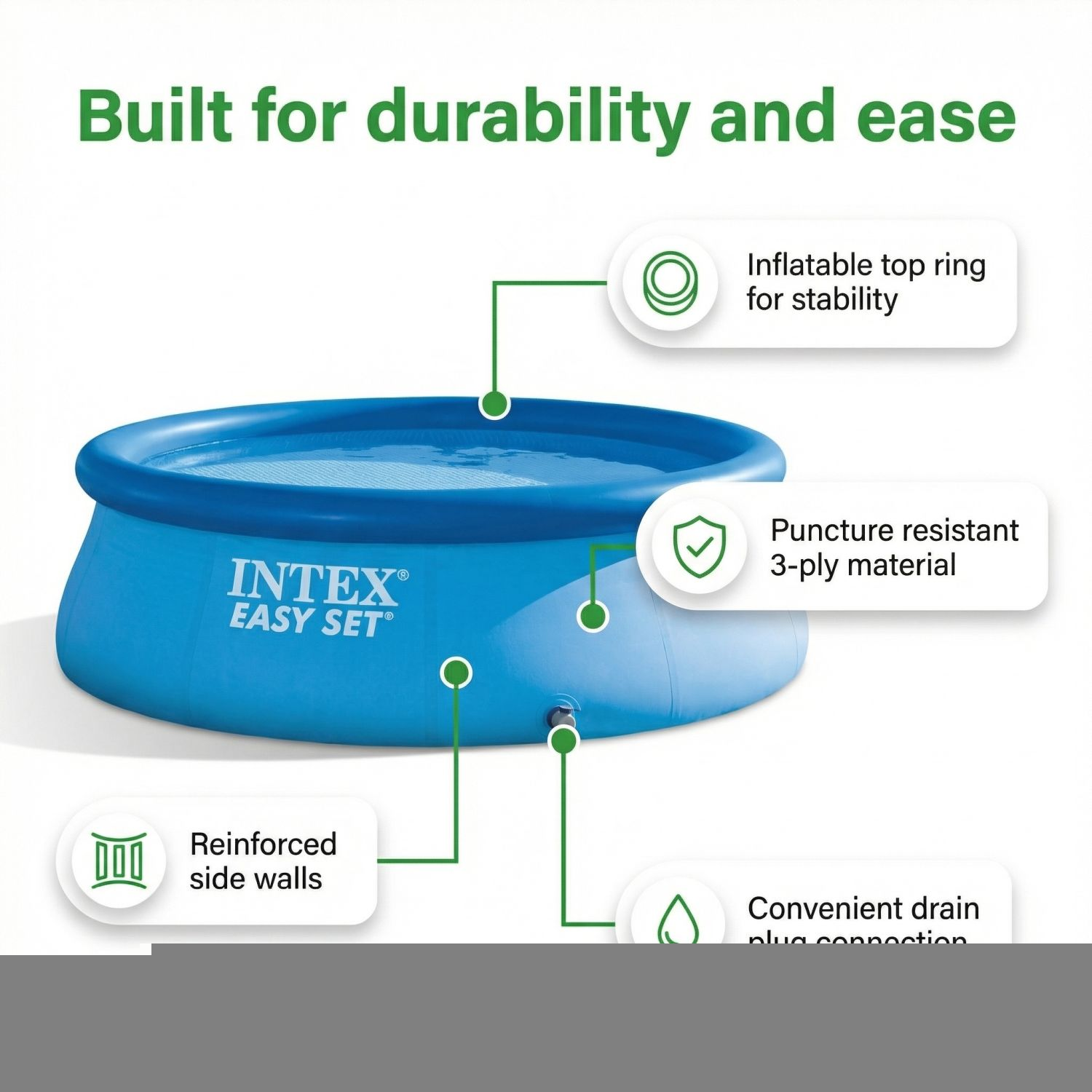 Blauw Intex Easy Set zwembad met opblaasbare ring, versterkte wanden, lekbestendig materiaal.
