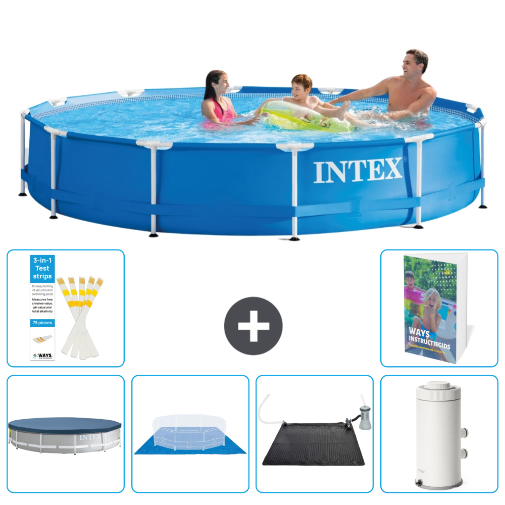 Een gezin spettert in een ronde INTEX-pool met accessoires.