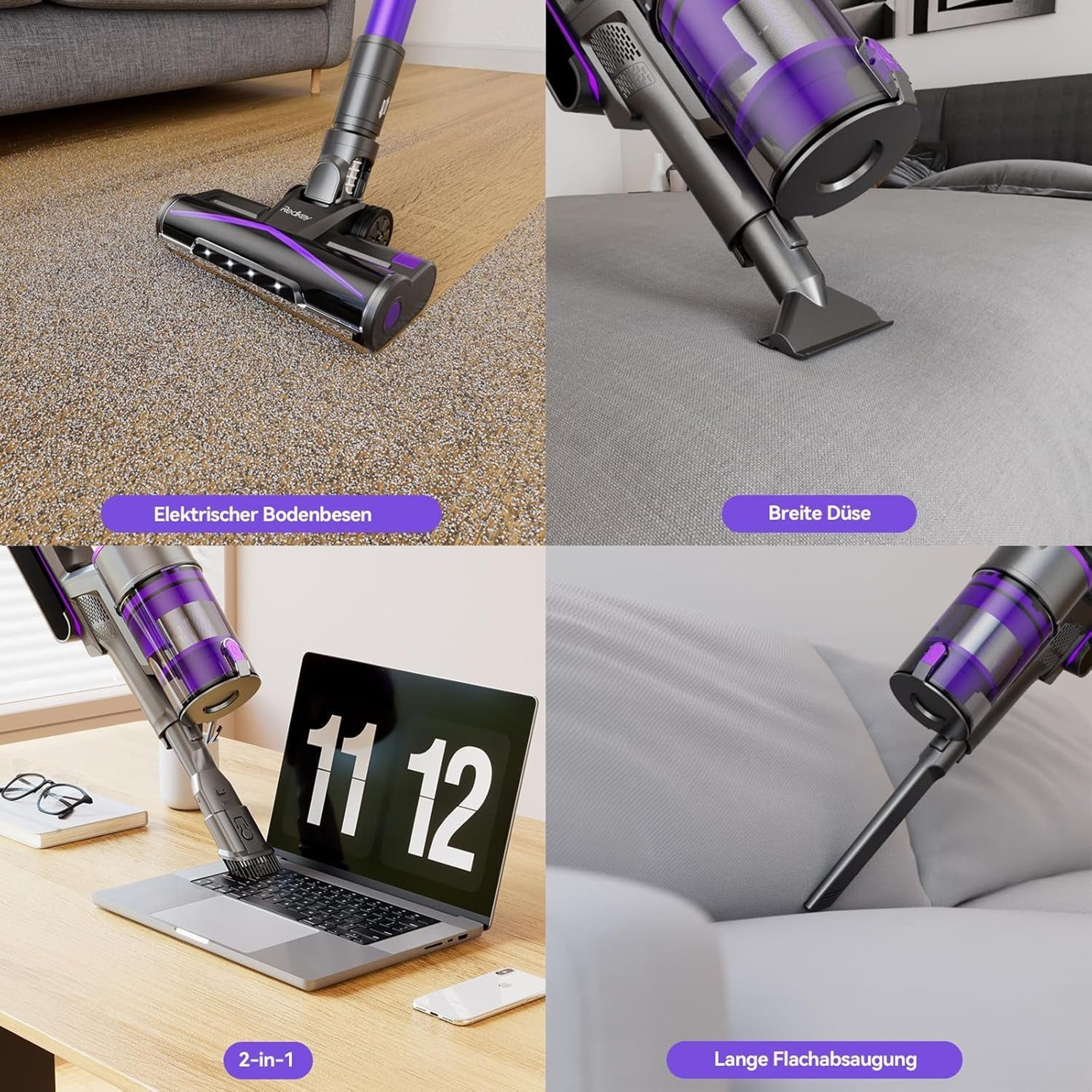 Una aspiradora morada limpia alfombra, cama, portátil y sofá.