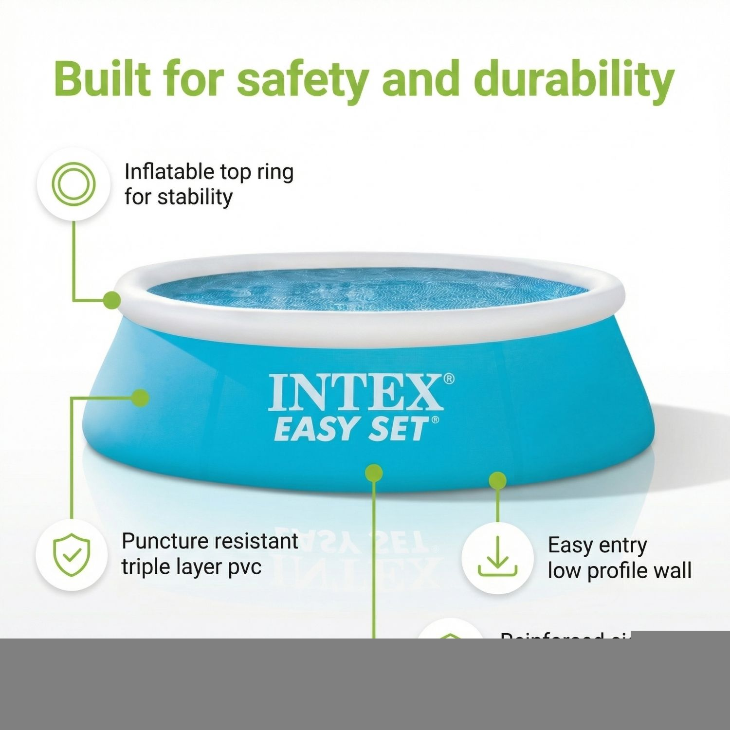 Een blauw Intex Easy Set zwembad met opblaasbare ring en tekst over functies.