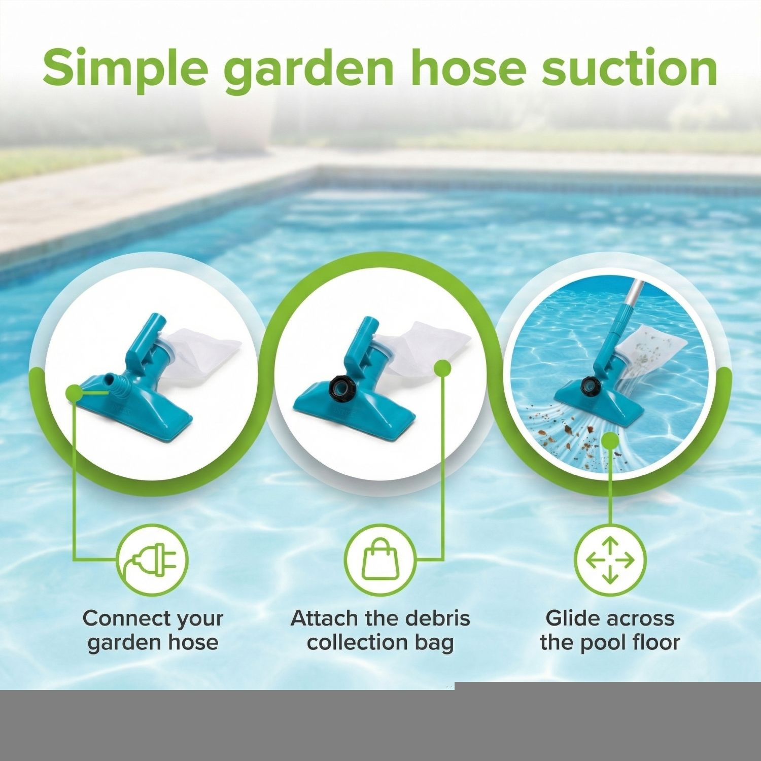 Instructies voor een tuinslangzuiger bij een zwembad.