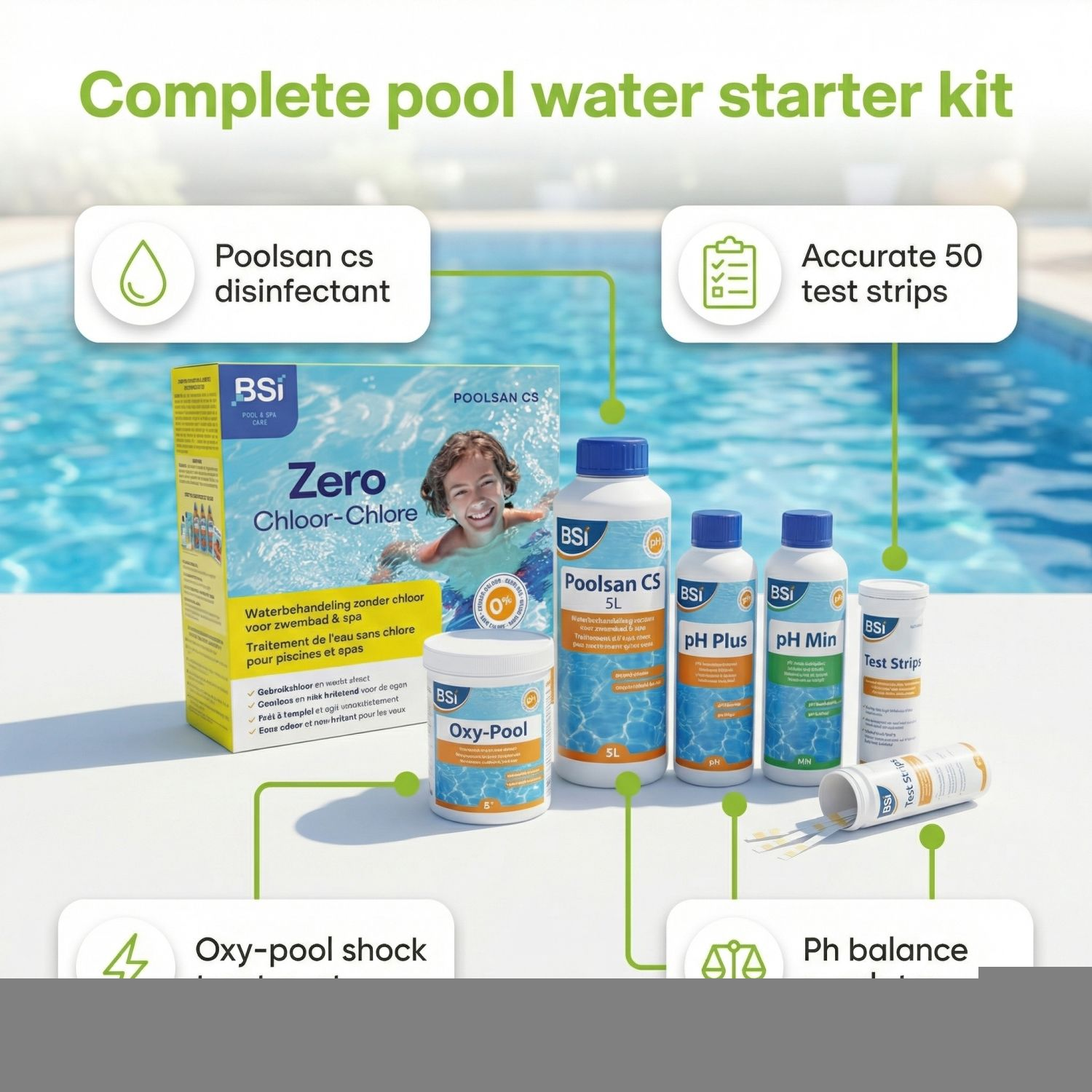Complete starterkit zwembadwater met desinfectiemiddel, teststrips, pH Plus/Minus.