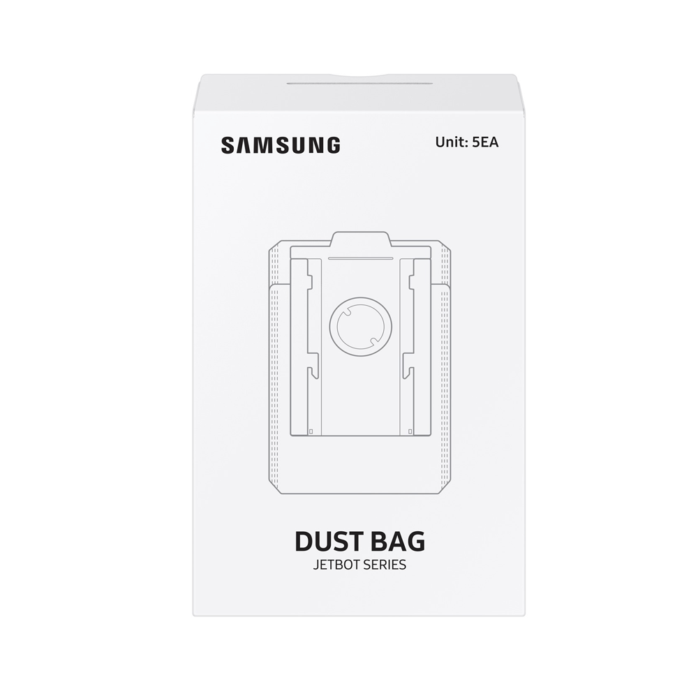 Pudełko z logo Samsung, ilustracją worka na kurz i napisem 'DUST BAG JETBOT SERIES'.