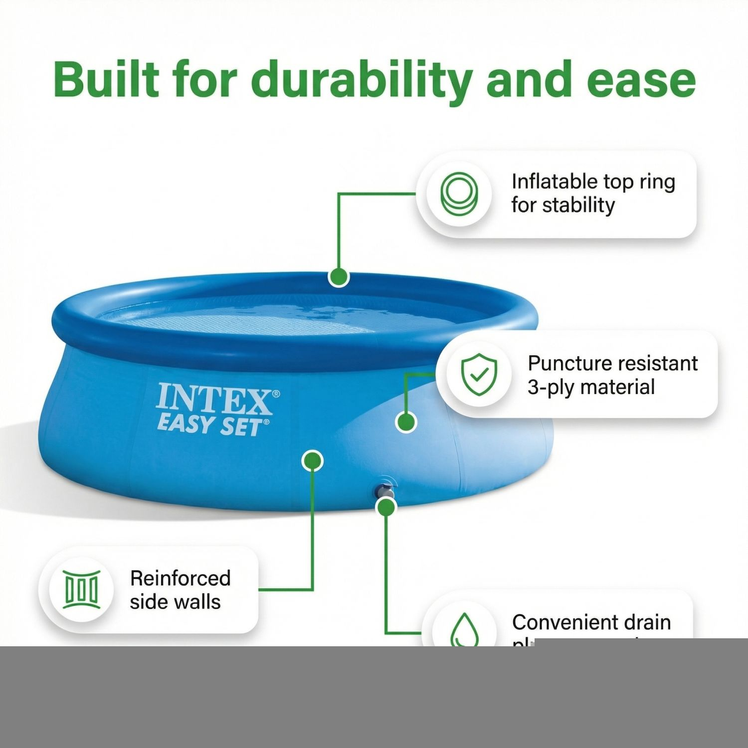 Blauw Intex Easy Set zwembad met opblaasbare ring, versterkte wanden en afvoer.