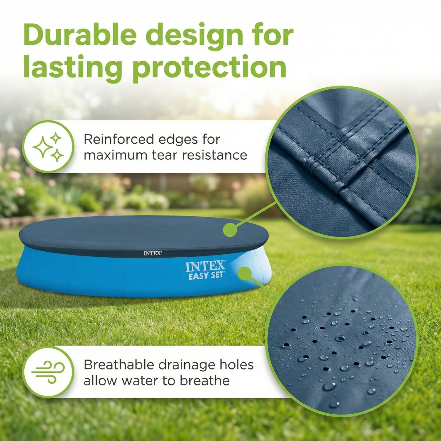 Intex Easy Set zwembadafdekking met verstevigde randen en drainagegaten.