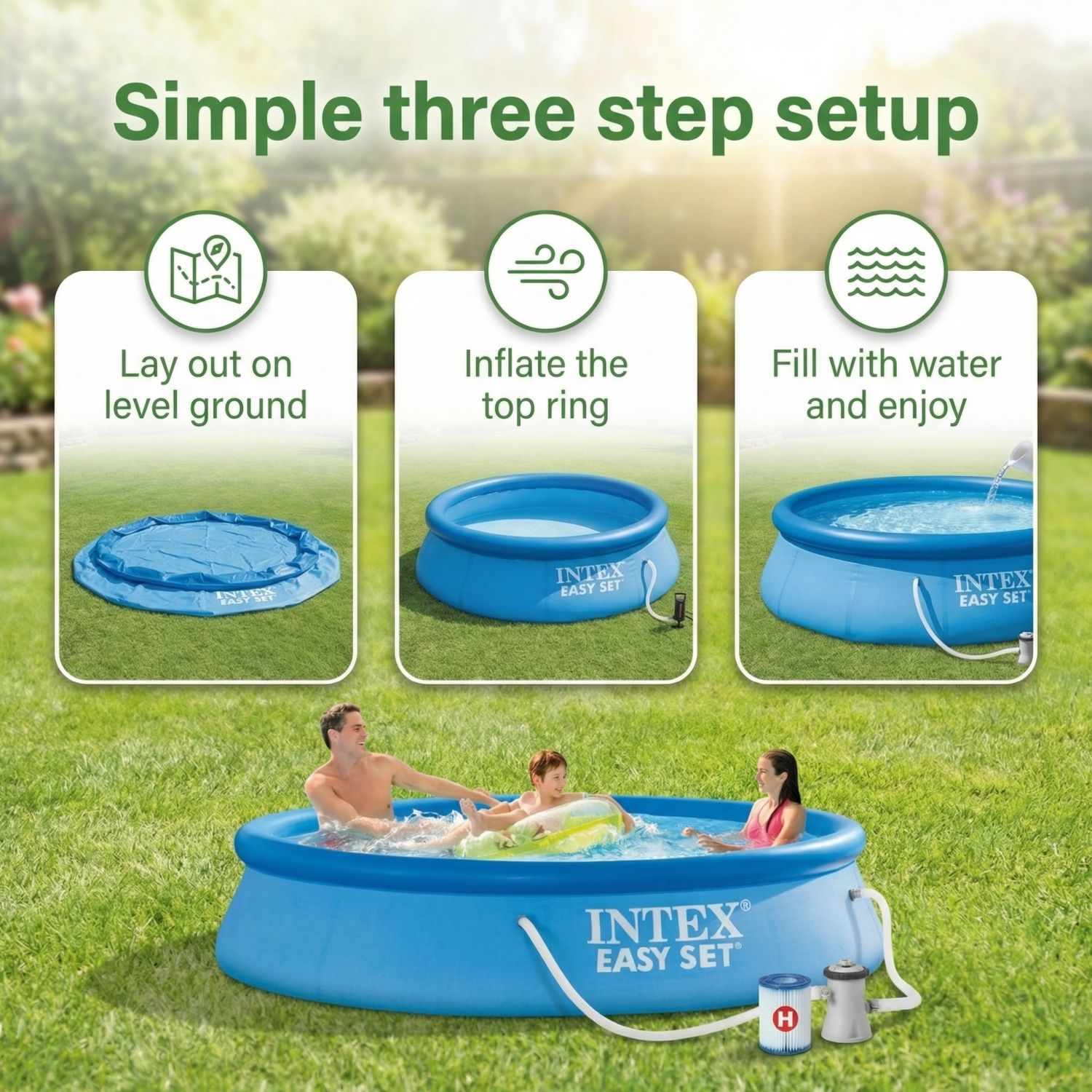 Opblaasbare zwembad installatie: Uitleggen, ring opblazen, vullen met water. Gezin geniet.