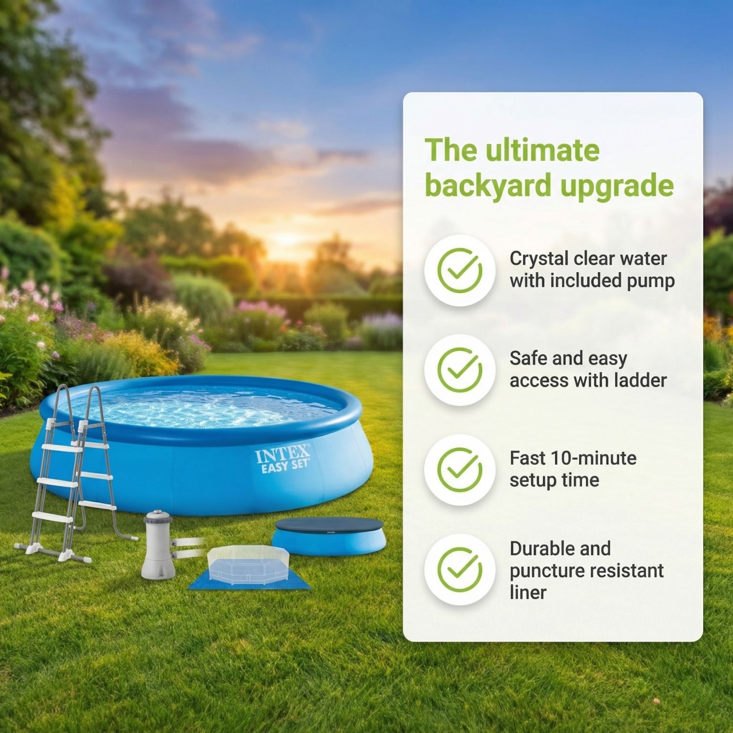Blauwe Intex Easy Set zwembad met ladder, pomp en hoes op gras.