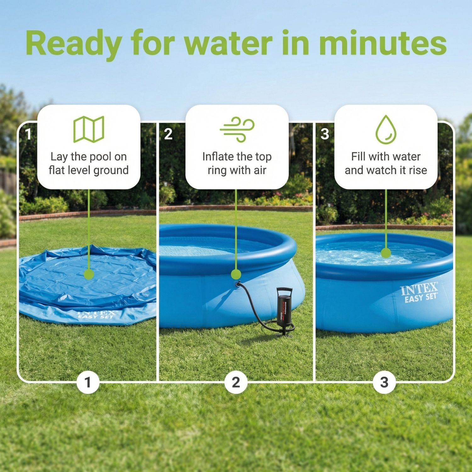 Stappen voor het opzetten van een Intex Easy Set zwembad: plat leggen, ring opblazen, vullen met water.