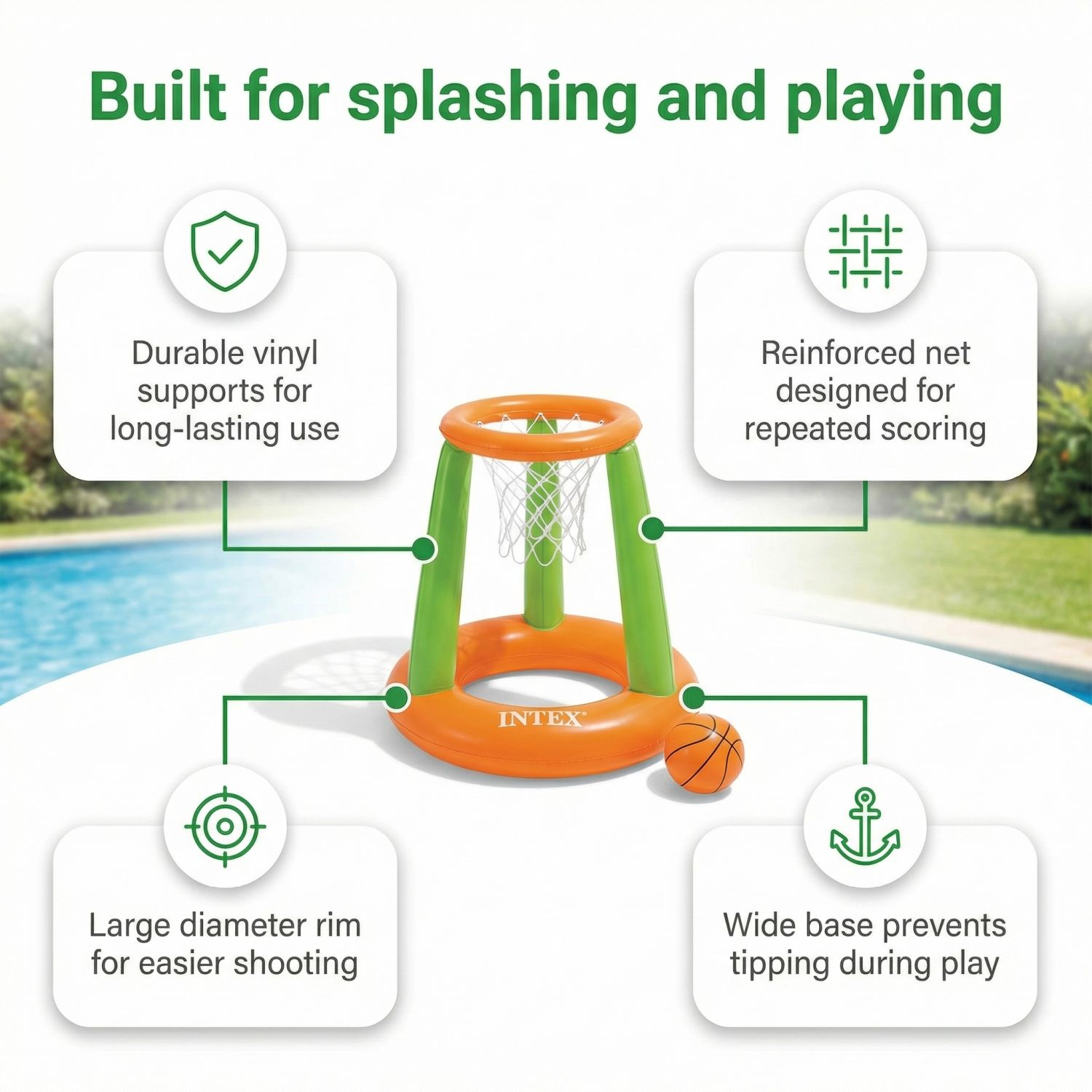 Intex zwembad basketbalring met oranje basis, groene poten, wit net en basketbal.