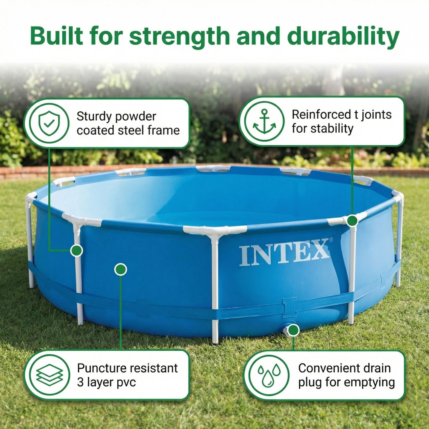 Een blauw INTEX zwembad met wit frame op gras.