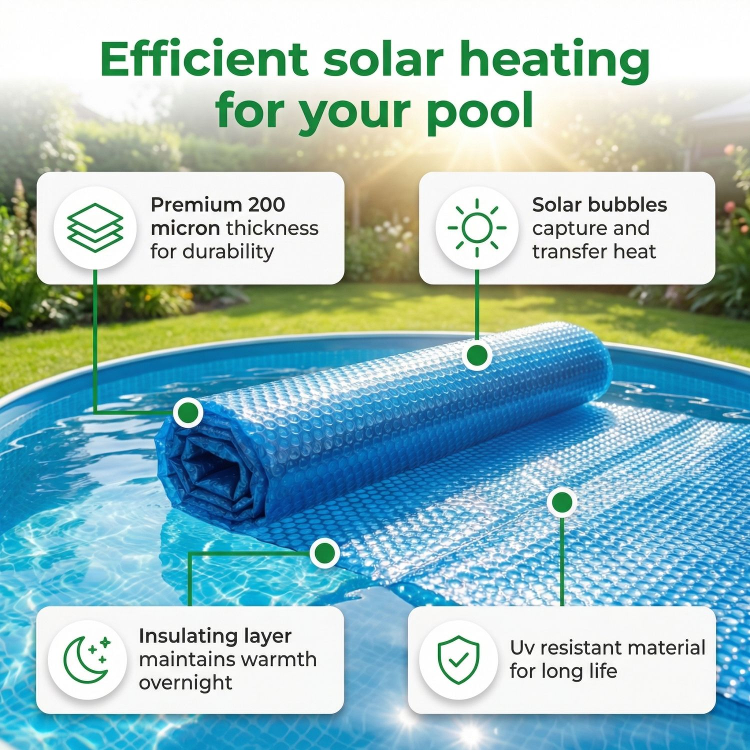 Blauwe solar zwembadafdekking op water, met tekst over duurzaamheid en warmte.