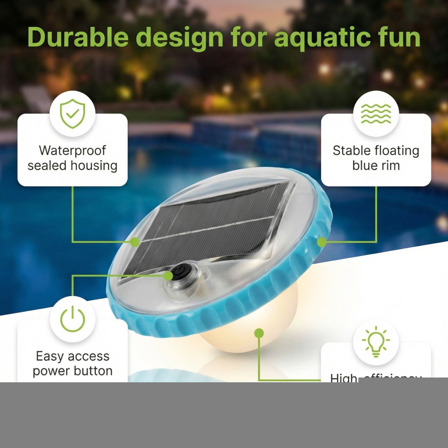 Waterproof solar lamp with blue rim for pool fun.