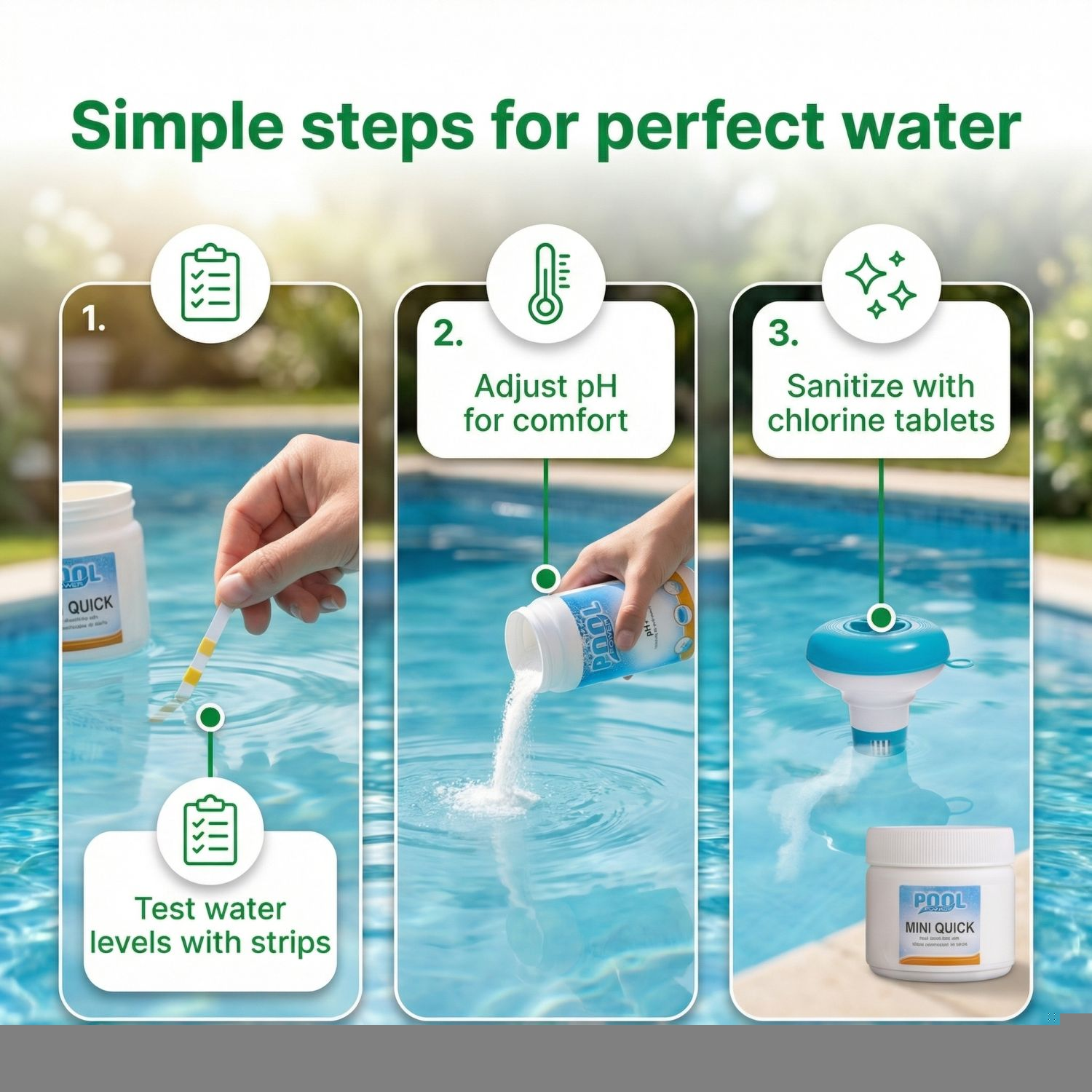 Stappen voor perfect zwembadonderhoud: Testen, pH aanpassen, desinfecteren met tabletten.