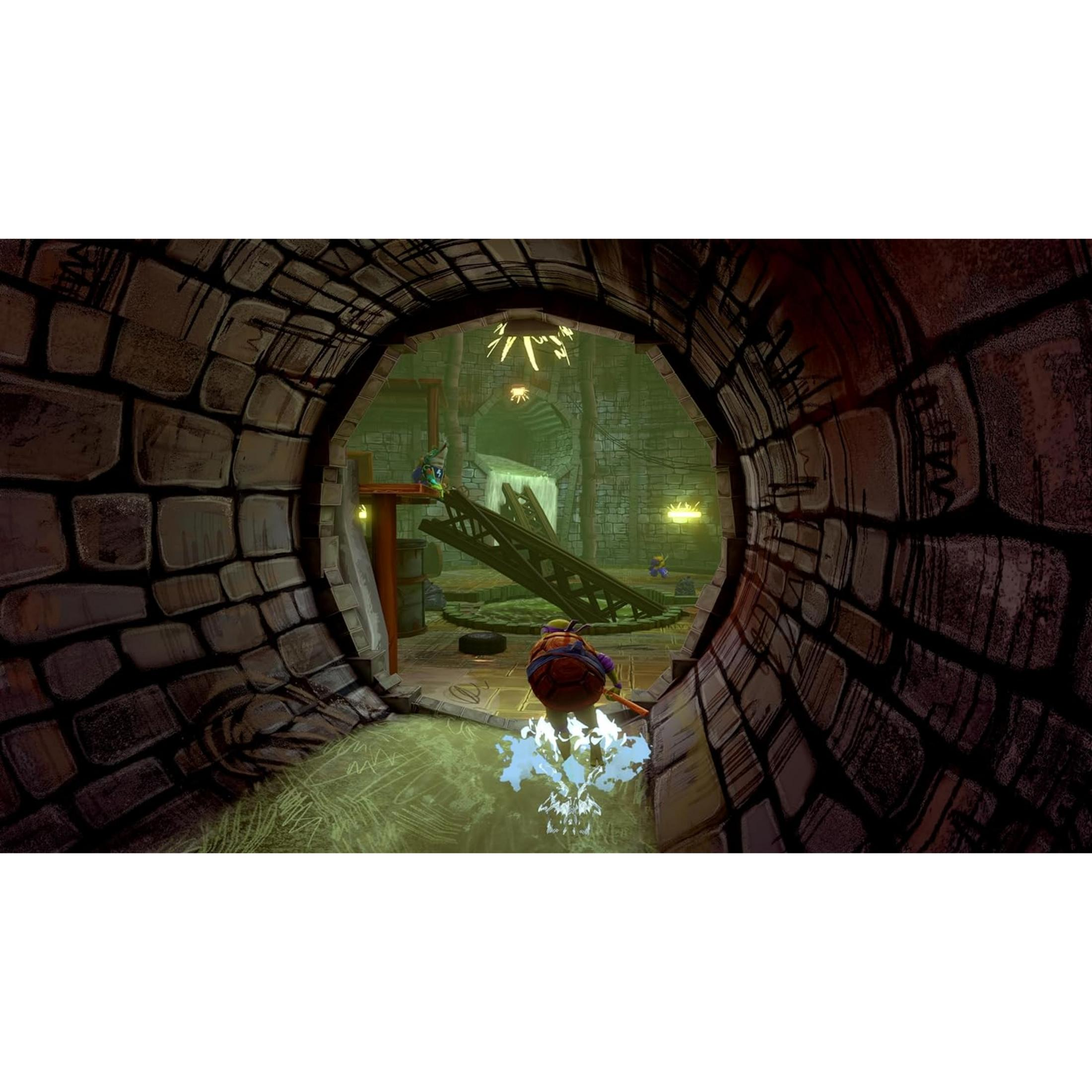 A turtle character in a sewer tunnel with green water and debris.