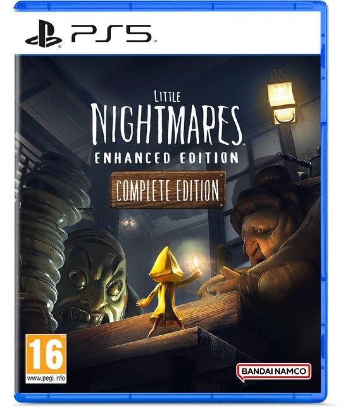 Game cover: A small figure in a yellow raincoat holding a light faces a grotesque character.