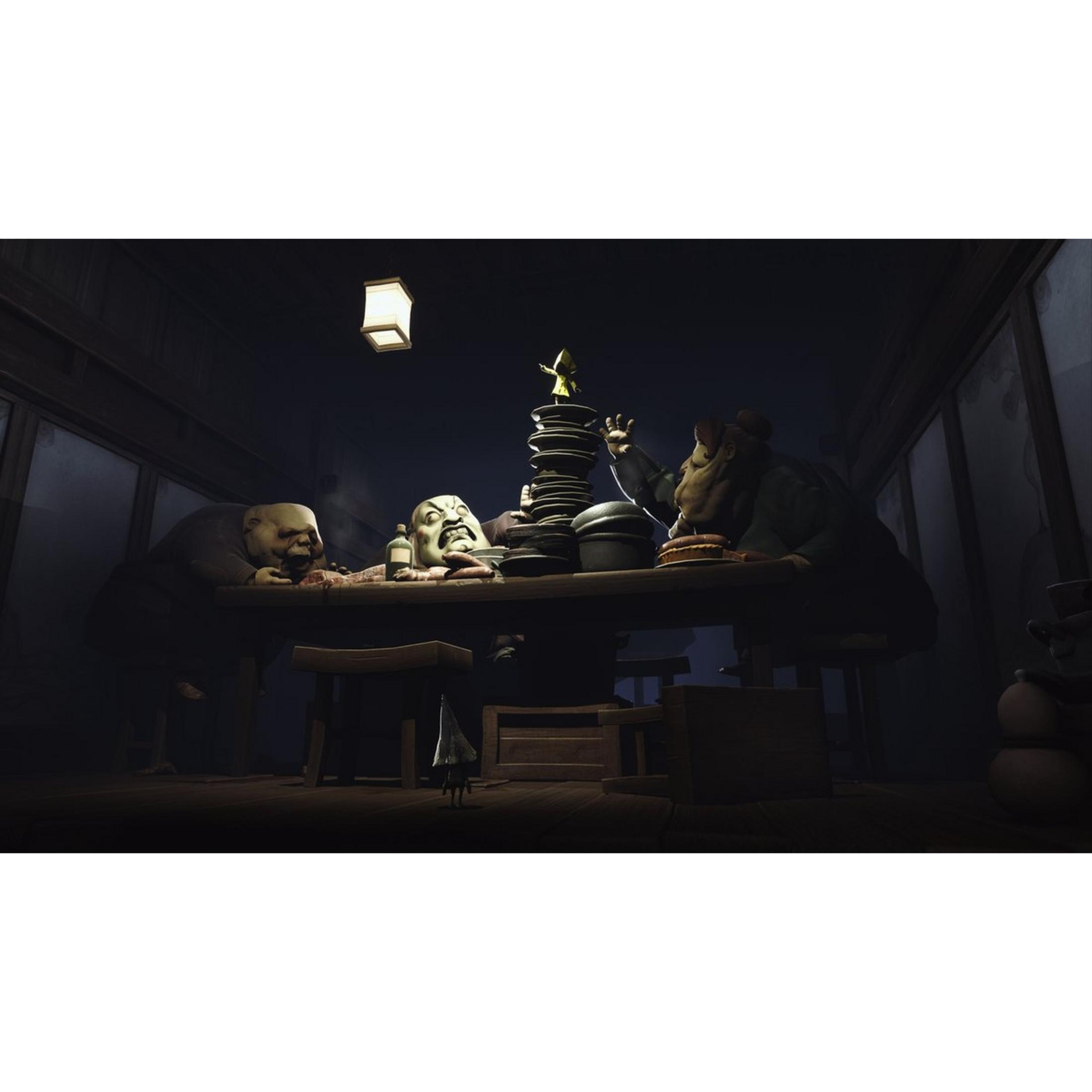 Three grotesque figures sit at a wooden table eating. A child stands on a stack of plates.