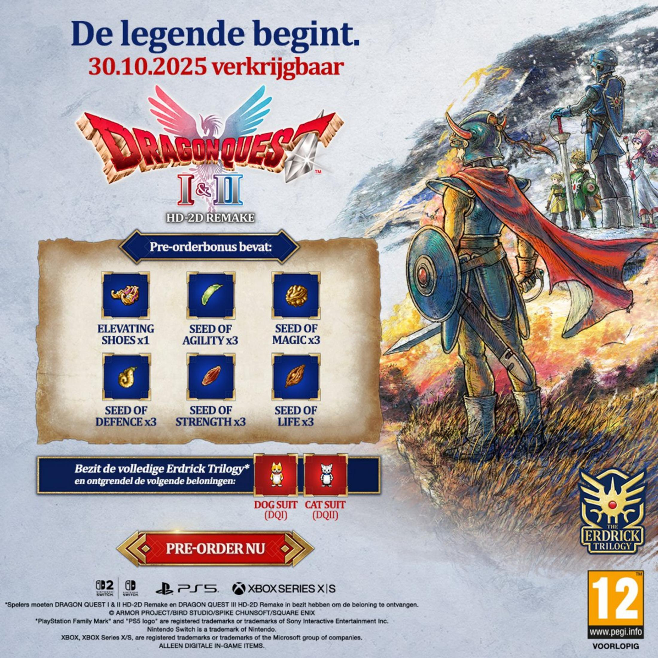 Poster di Dragon Quest I & II HD-2D Remake con personaggi, bonus e data di uscita.