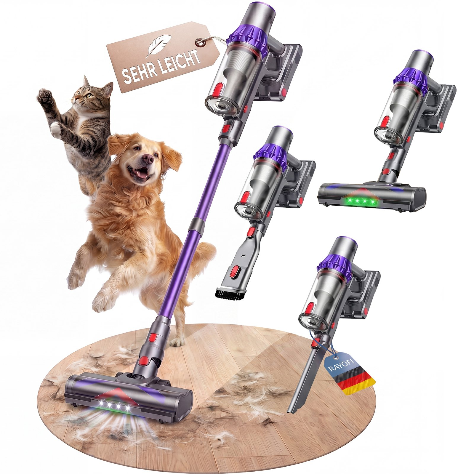 Ein Hund und eine Katze springen neben einem Staubsauger. Mehrere Staubsauger sind abgebildet.