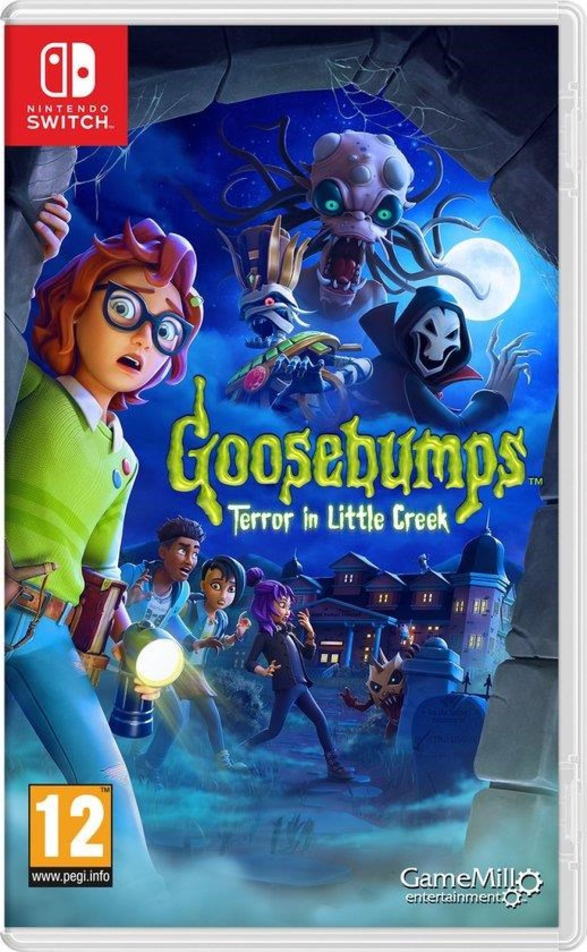Copertina videogioco Goosebumps con bambini, mostri e una casa infestata.