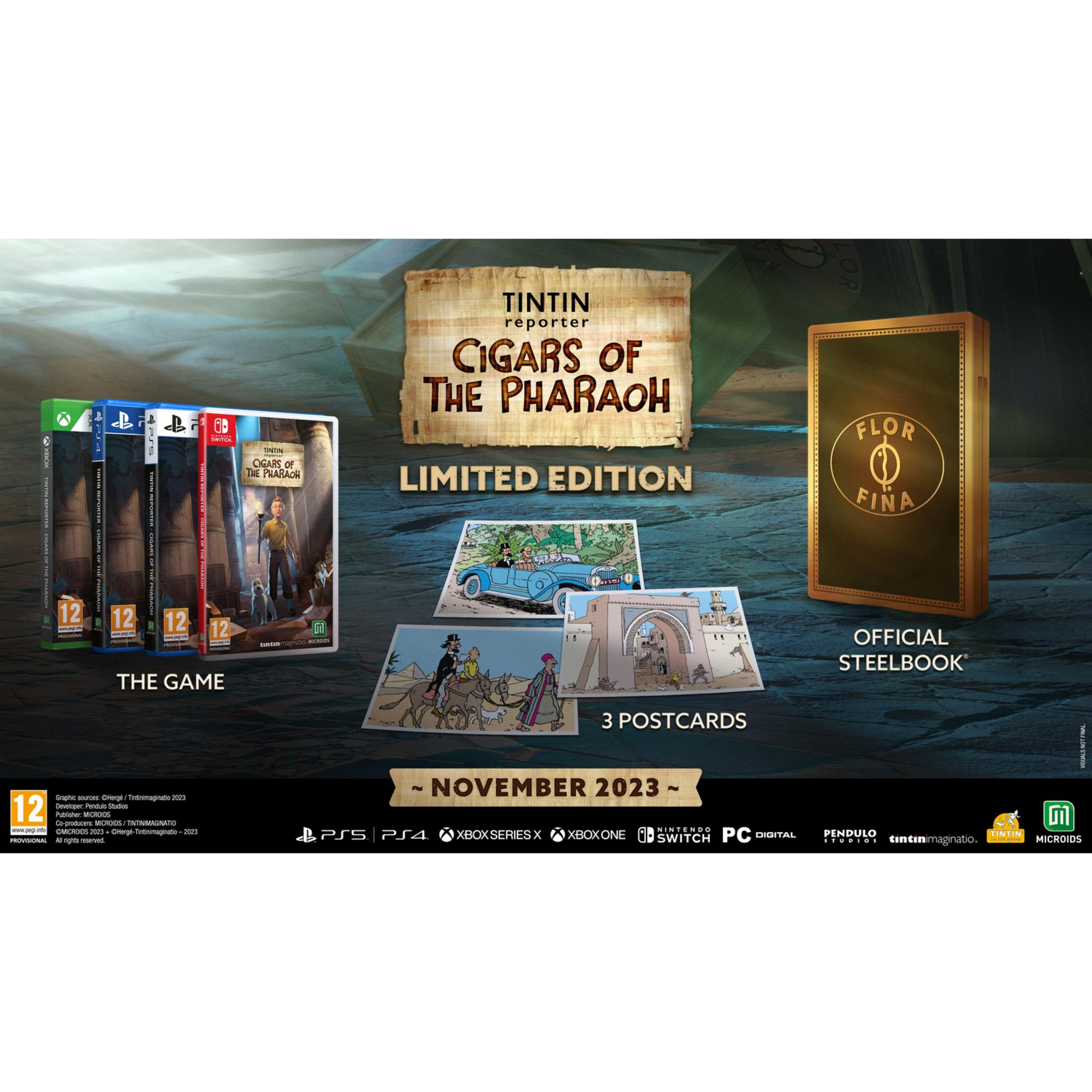 Tintin: Sigaren van de Farao limited edition game, steelbook en ansichtkaarten.