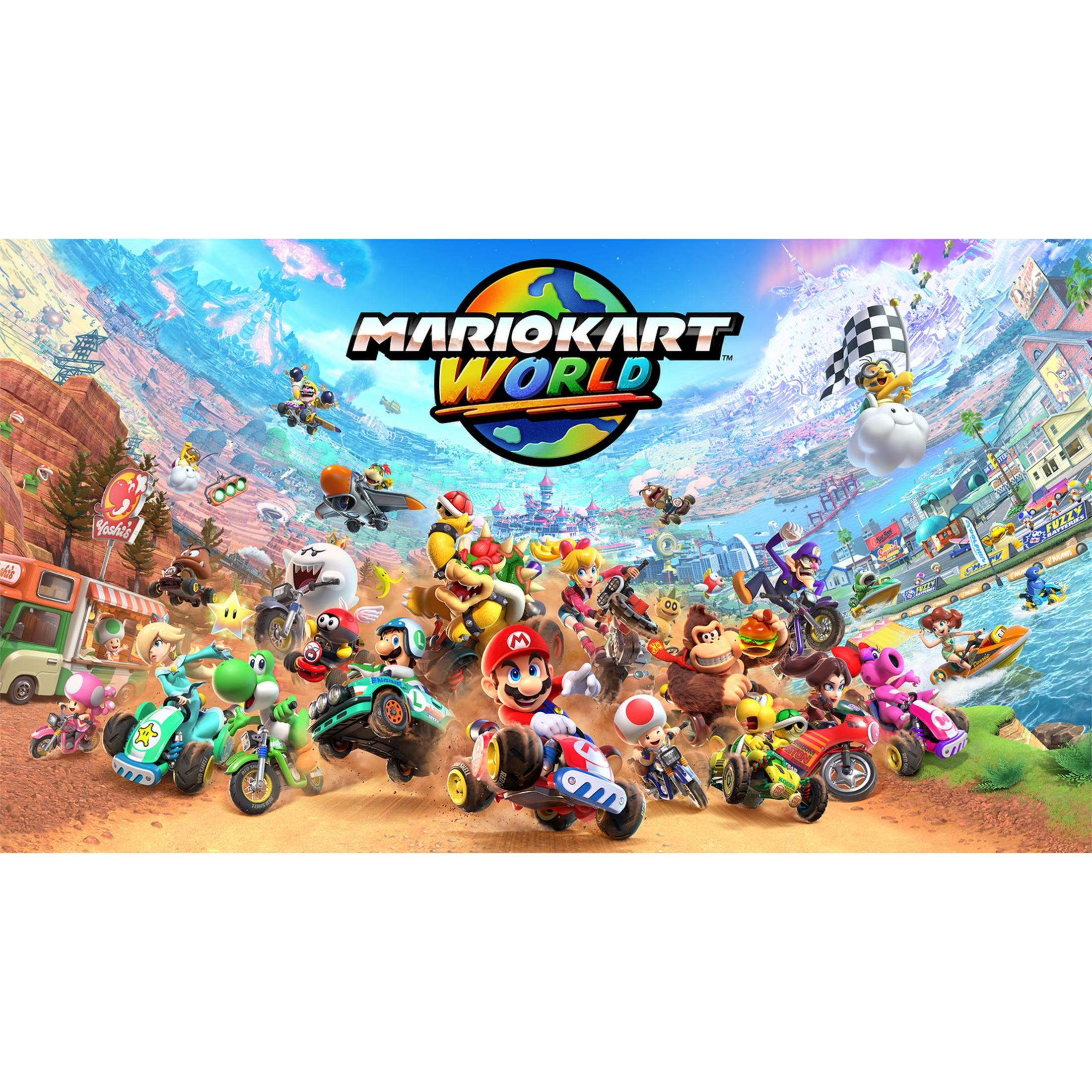 Personaggi di Mario Kart in go-kart colorati corrono su una pista con acqua ed edifici.